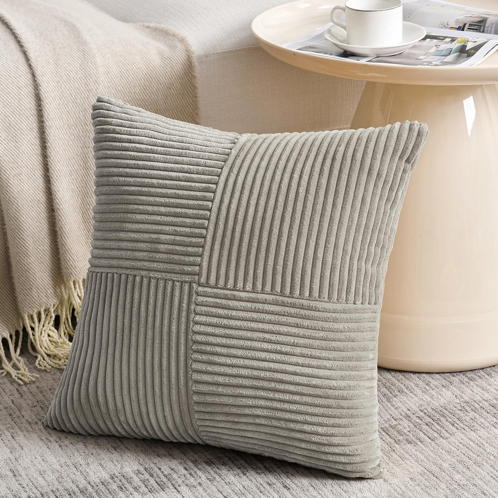FDTERN Neutral Grey Big Decorative Throw Pillow Covers 32x32 Inch for Couch Bed Sofa, Rustic Farmhouse Boho Home Decor, Soft Corss Corduroy Patchwork Accent Square Cushion Covers 80x80 cm — image 1