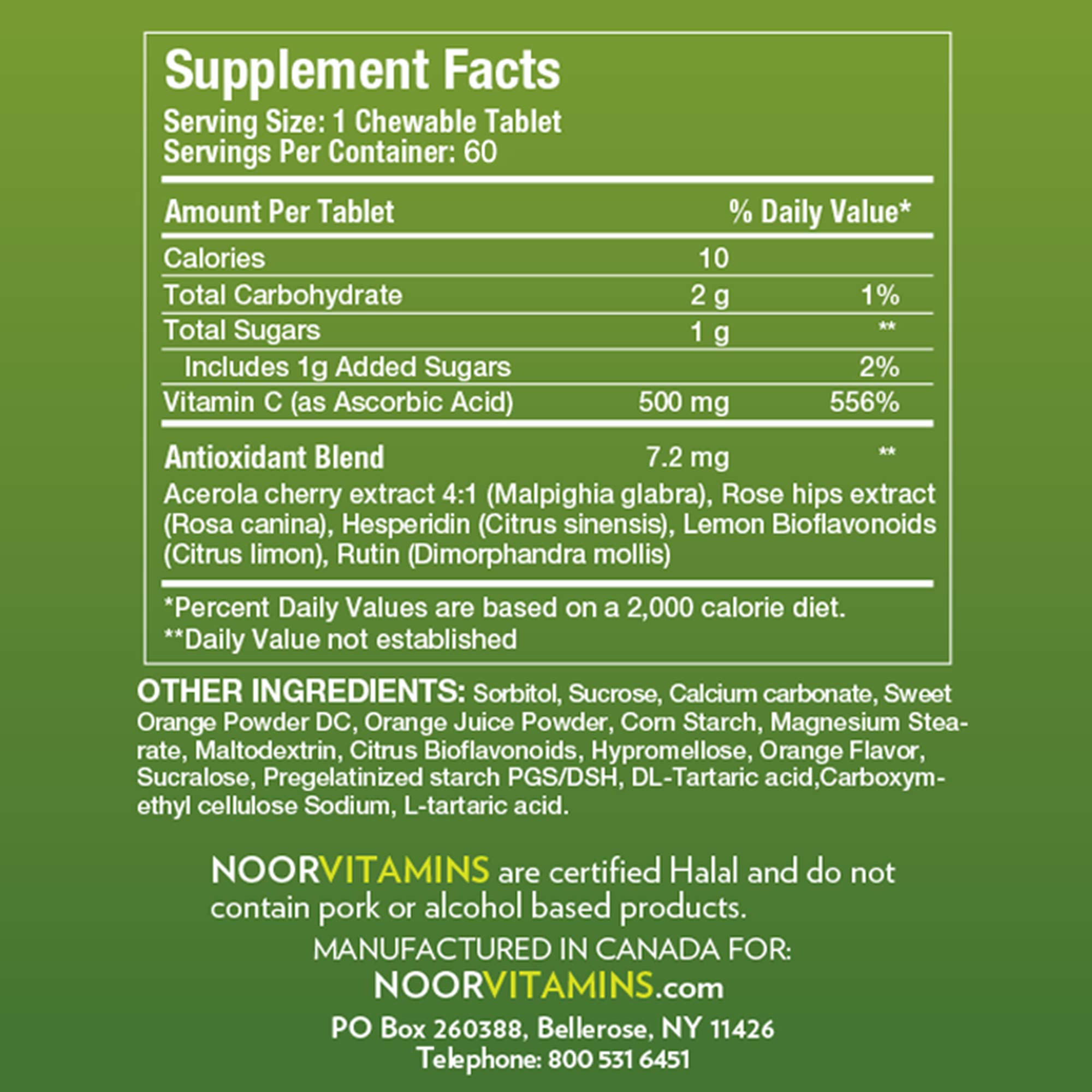 Noor Vitamins 500 MG Halal Vitamin C Chewable Tablets + Rose Hips and Antioxidants I Supports Immune System I Vegan, Gluten Free & Halal Vitamin 60 Orange Flavored Chewable Tablets I 2 Month Supply — Amazon image 2