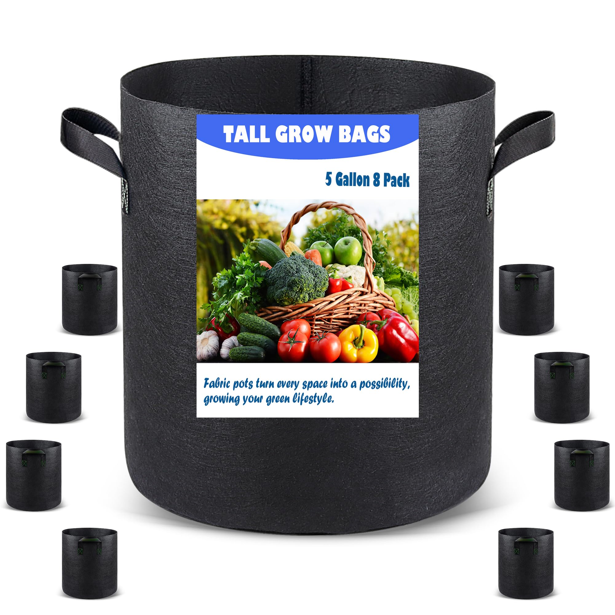 Taller Grow Bags for Deep Root Plants, 5 Gallon 8 Pack Thickened Nonwoven Fabric Pots with Short Handles, Washable Reusable Cloth Plant Bags for Vegetables, Pond Aquatic Plants
