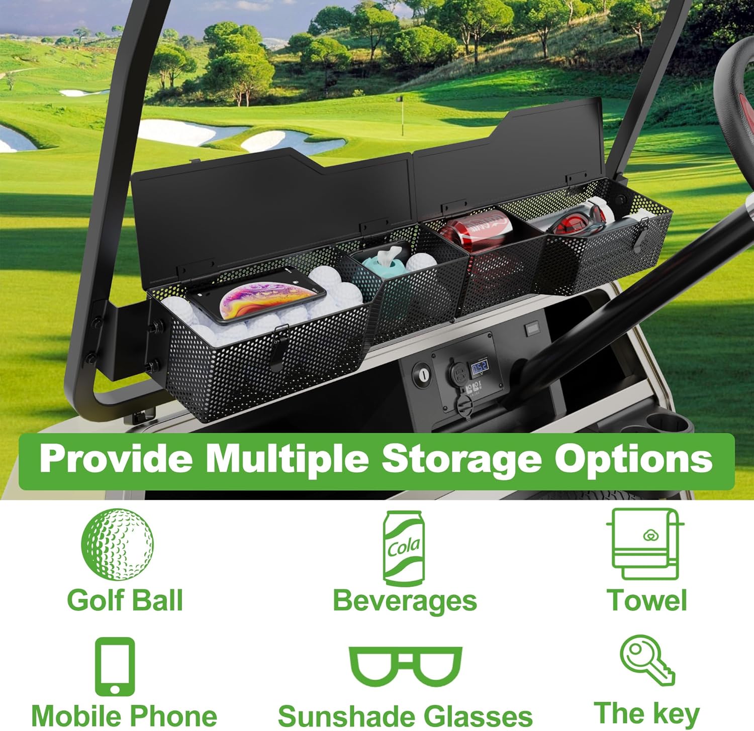 10L0L Golf Cart Front Inner Storage Basket with Cover for Club Car DS 2000-Up Models - Dashboard Organizer, Durable Storage Solution for Golf Cart Accessories