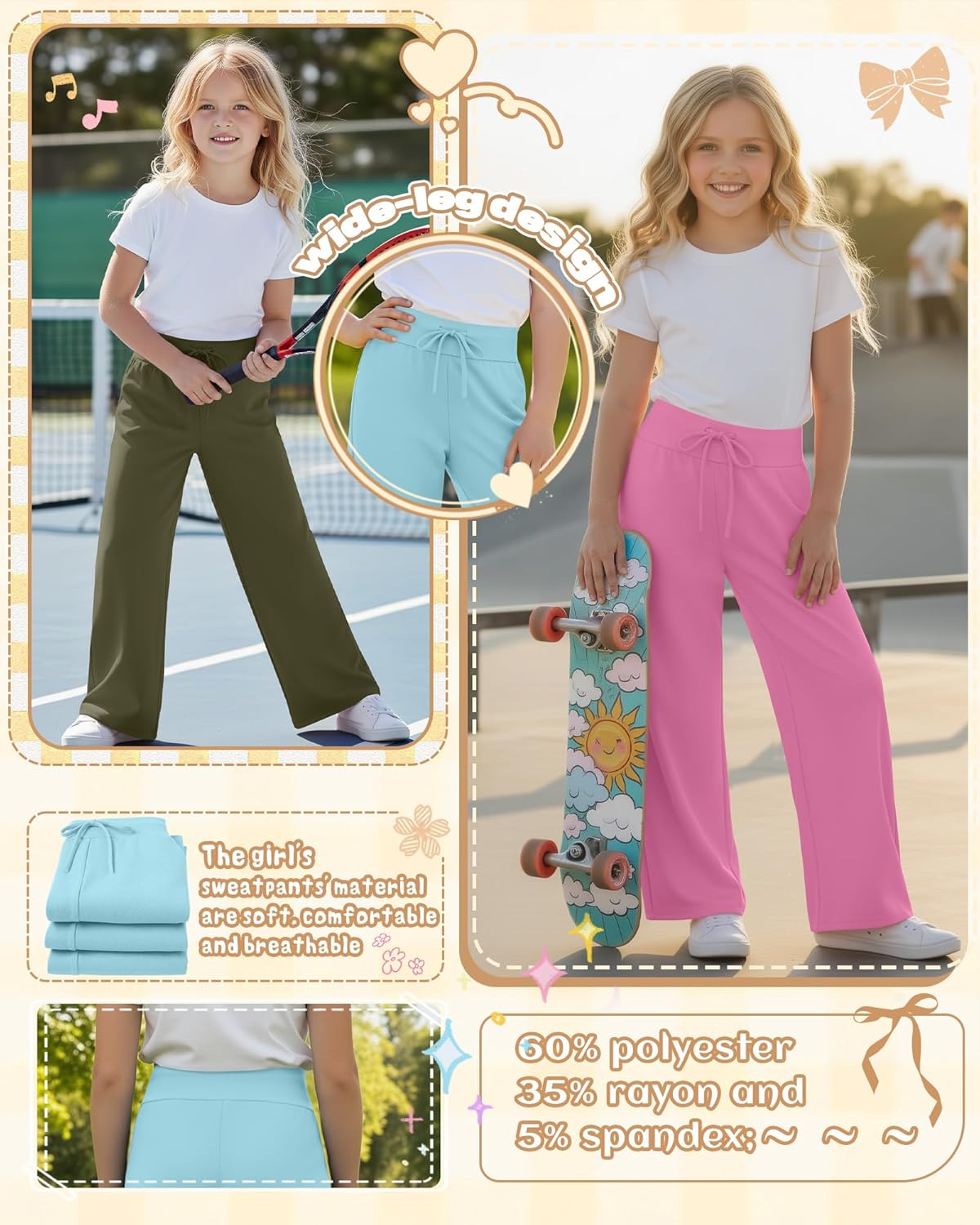 3 Pack Girl's Wide Leg Sweatpants Open Bottom Joggers with Drawstring Casual Baggy Sweat Pants 5-14 Years(Army Green, Pink, Blue,5-6 Years)