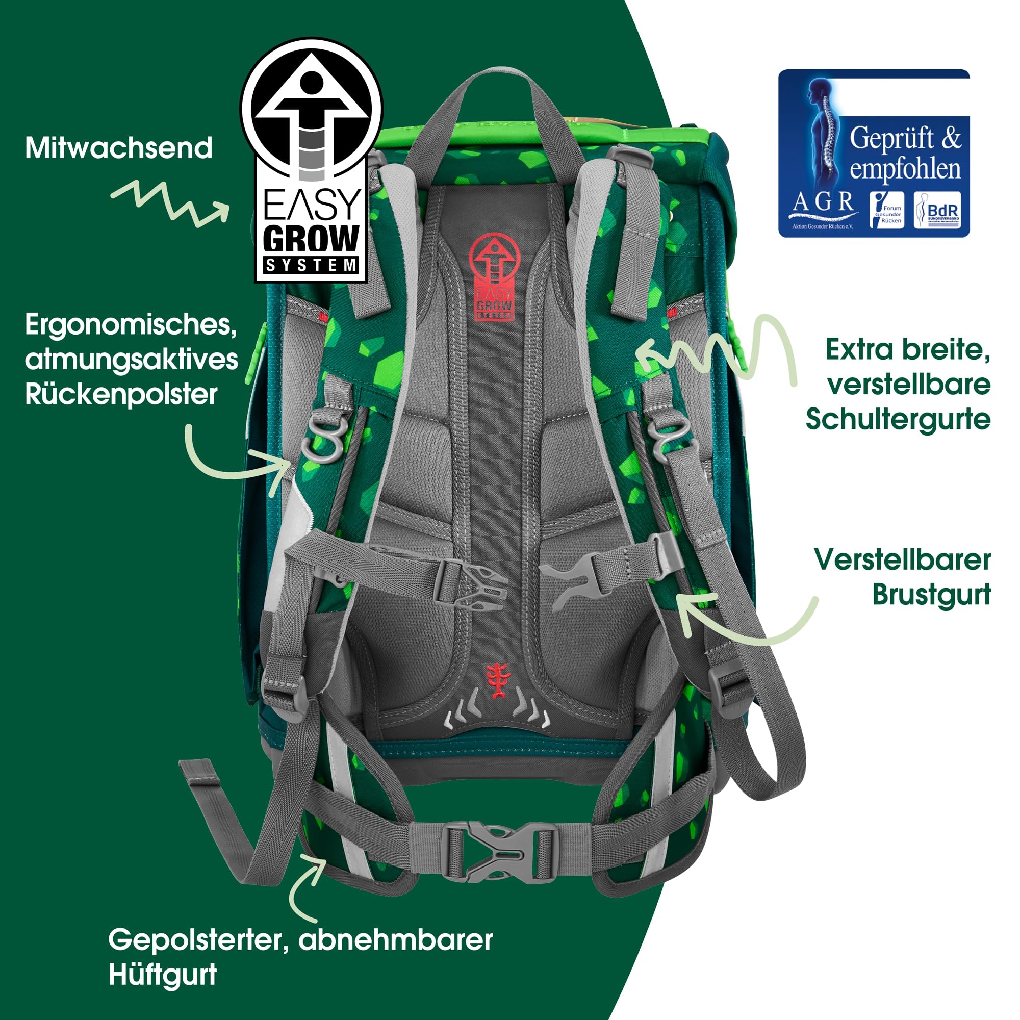 Step by Step Schulranzen-Set SPACE „Dino Targo“ 5-teilig, grün, Dino-Design, ergonomischer Tornister mit Reflektoren, höhenverstellbar mit Hüftgurt für Jungen ab der 1. Klasse, 20L