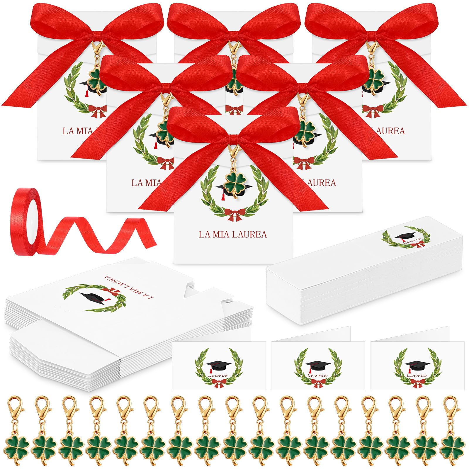 BBTO Cadeaux Invités Remise des Diplômes 50 Pièces Boîtes Dragées la Mia Laurea Porte-Clés Trèfle Porte-Bonheur Cartons Pliants Vœux et Ruban Satiné Rouge Confettis Cérémonie Fête