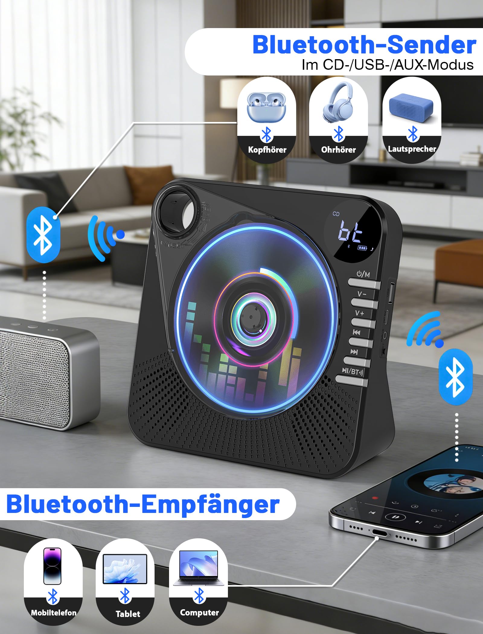 Lecteur CD portable 4000 mAh rechargeable Bluetooth 5.1 avec haut-parleurs