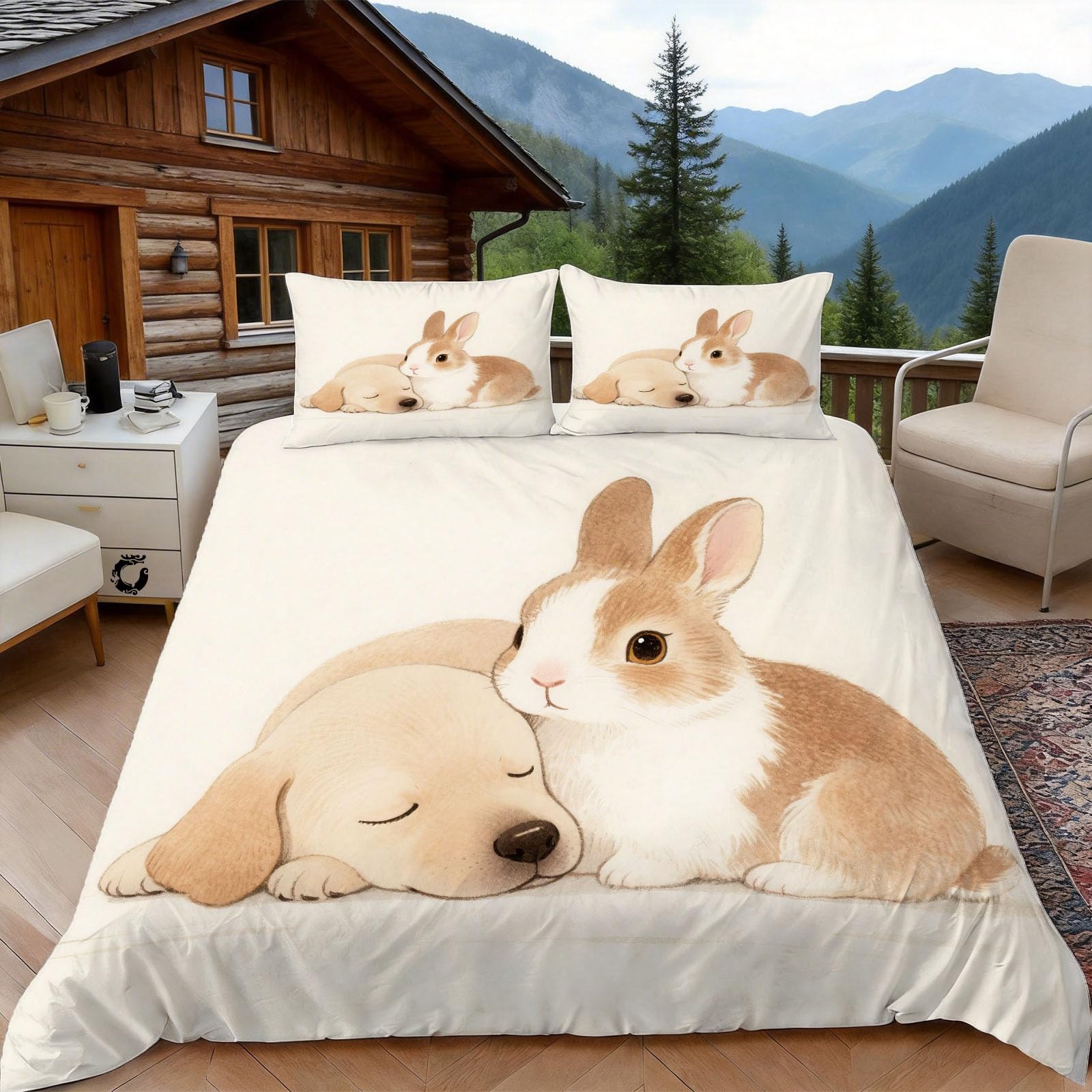 Parure de lit aquarelle chien et lapin en microfibre douce avec deux taies