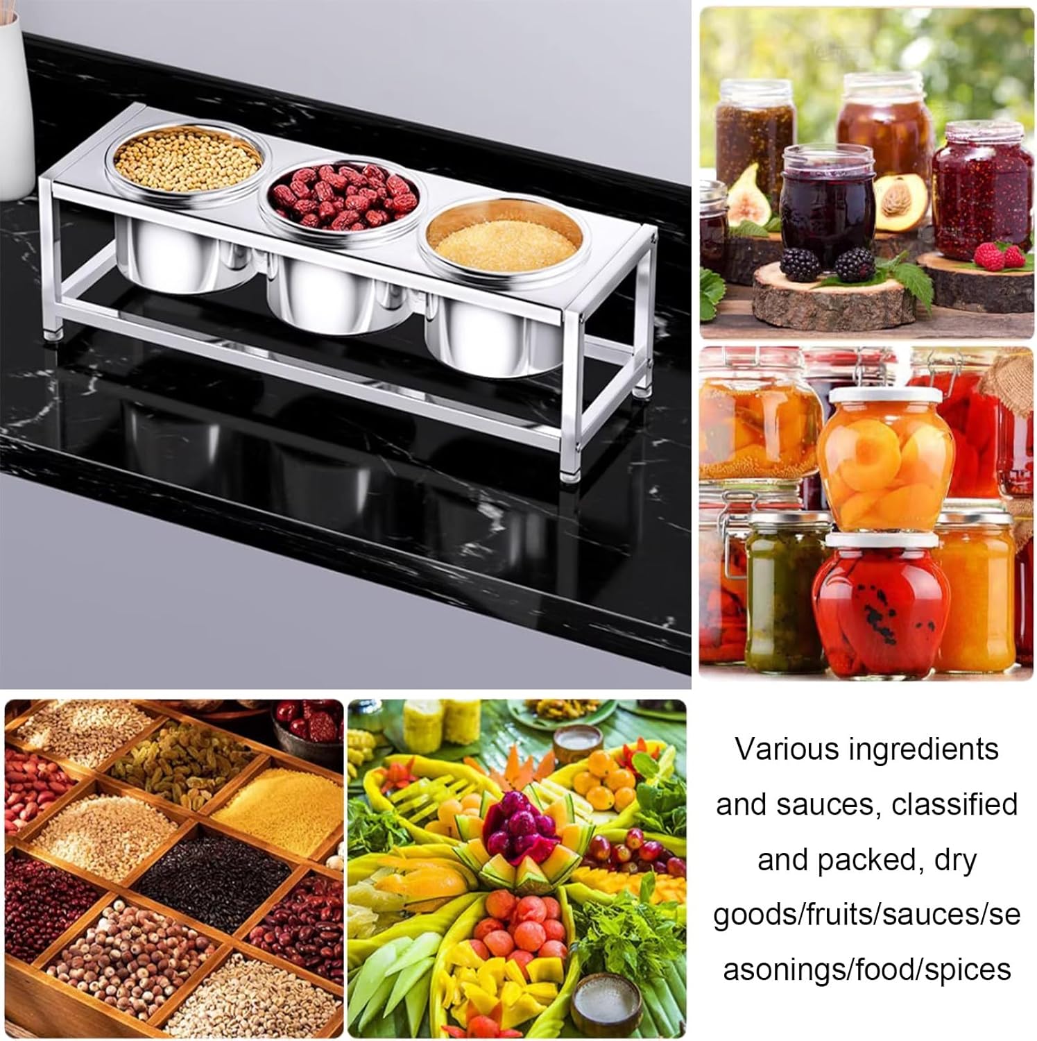 Commercial Spice Rack Set, Stainless Steel Condiment Racks with Pans and Lids, Countertop Dispenser Spice Rack for Seasoning Sauce Salad Jam Ingredients, Food Container(91x18.5x14.5cm(A))
