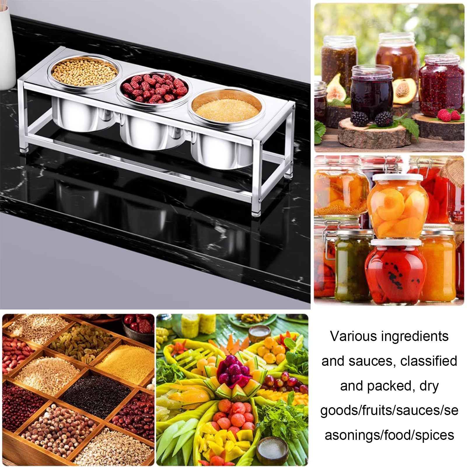 Juego de especias comercial, estantes de acero inoxidable para condimentos con sartenes y tapas, dispensador de especias para condimentos, ensalada, mermelada, ingredientes, recipiente de alimentos