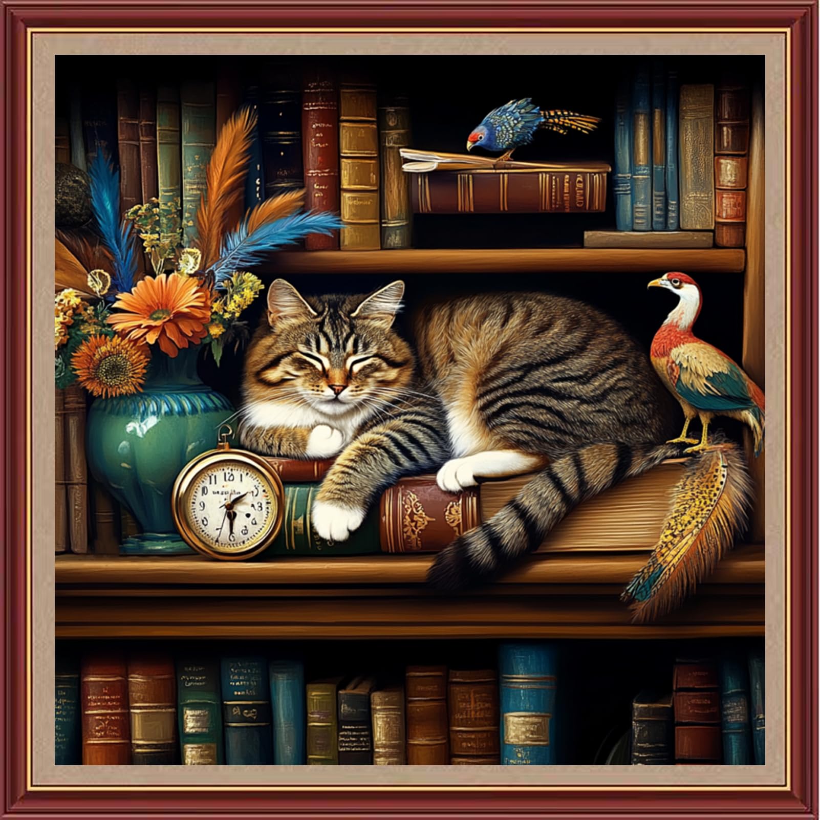 Dooxvey Cross Stitch Kits for Adults Beginners,Full Range of Cross-Stitch Stamped Kits Needlepoint Kits for Beginners Embroidery Kits 11CT Cross Stitch Patterns-Bookshelf Sleeping Cat 18x18 inch