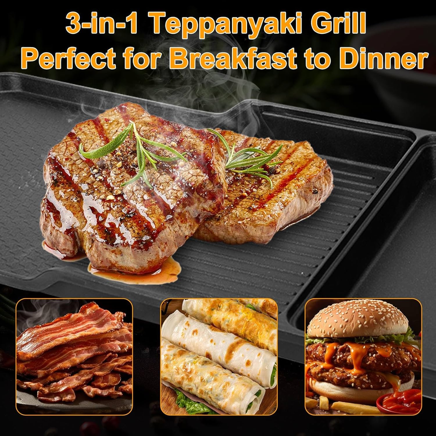 AEWHALE 3-in-1 Electric Nonstick Griddle Grill 1800W,Teppanyaki Grill with Removable Temperature Control & Drip Tray for Pancakes Burgers Eggs,22"x 10.5"
