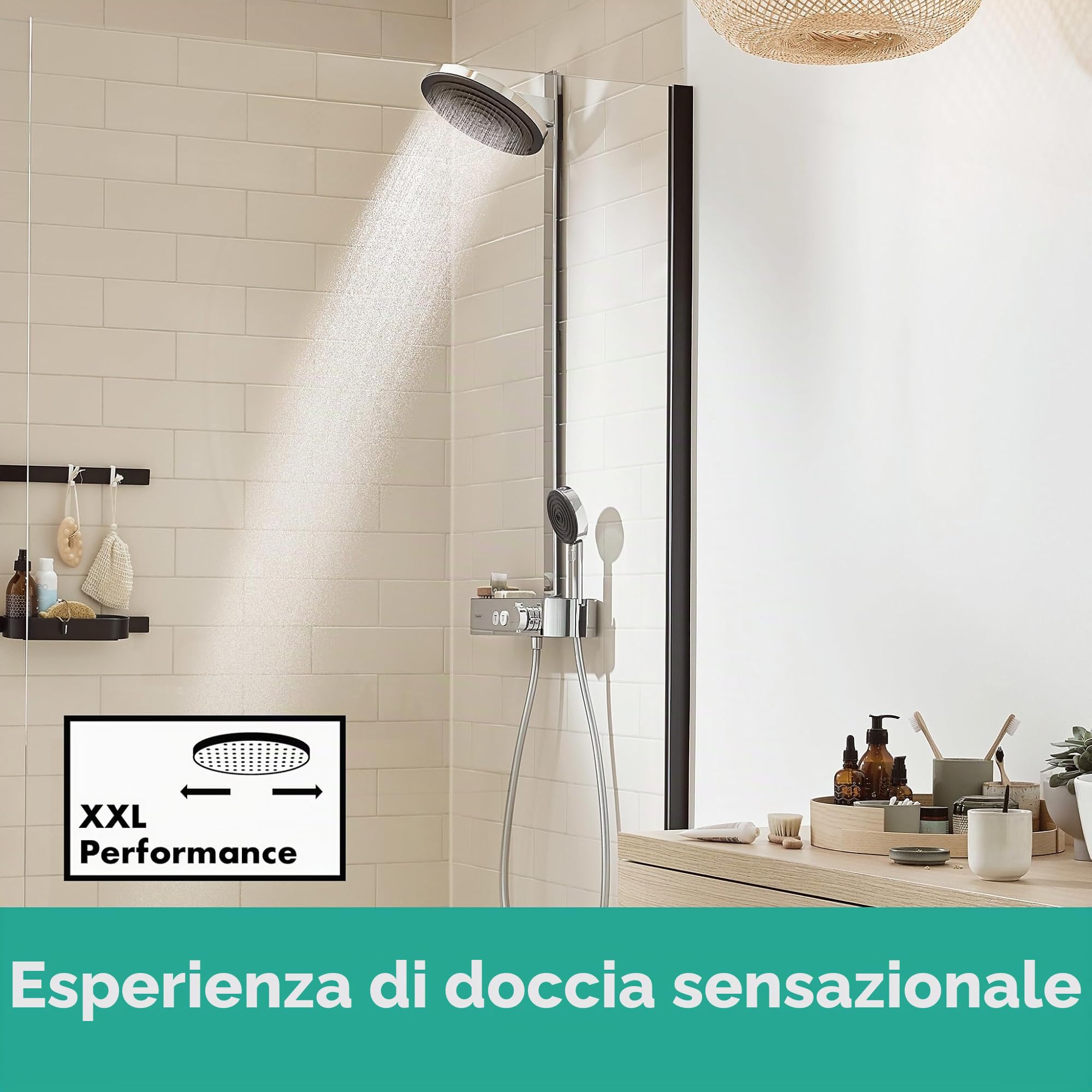 hansgrohe Pulsify S - Colonna doccia a risparmio idrico (EcoSmart) con miscelatore termostatico, Sistema doccia (260 mm) con rubinetto, doccetta, tubo, asta e soffione doccia tondo, cromo, 24241000
