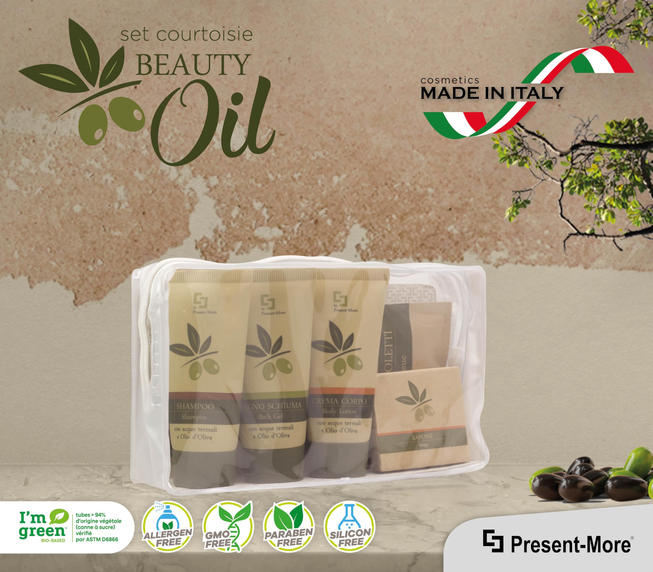 PRESENT-MORE - Kit Accueil 24 Invités Beauty Oil - Parfum Tahitian - Contenu: Shampooing, Gel Douche, Crème, Savon et Accessoires - Made in Italy - Pour Hôtels et B&B