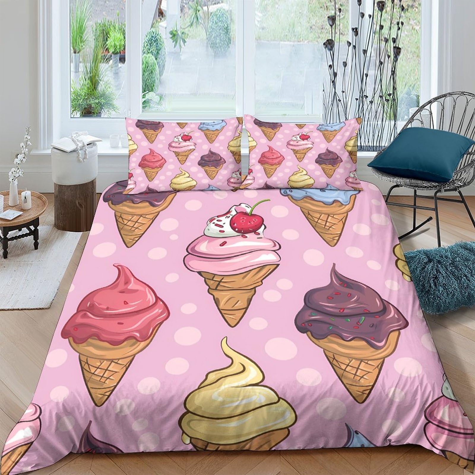 Ctjqhvkz Style-2 3D Printed Ice Cream Cone Fitted Sheet Microfiber Soft Pink Cartoon Dessert Mattress Cover For Bedroom Guest Room Decor Single（135X200cm）