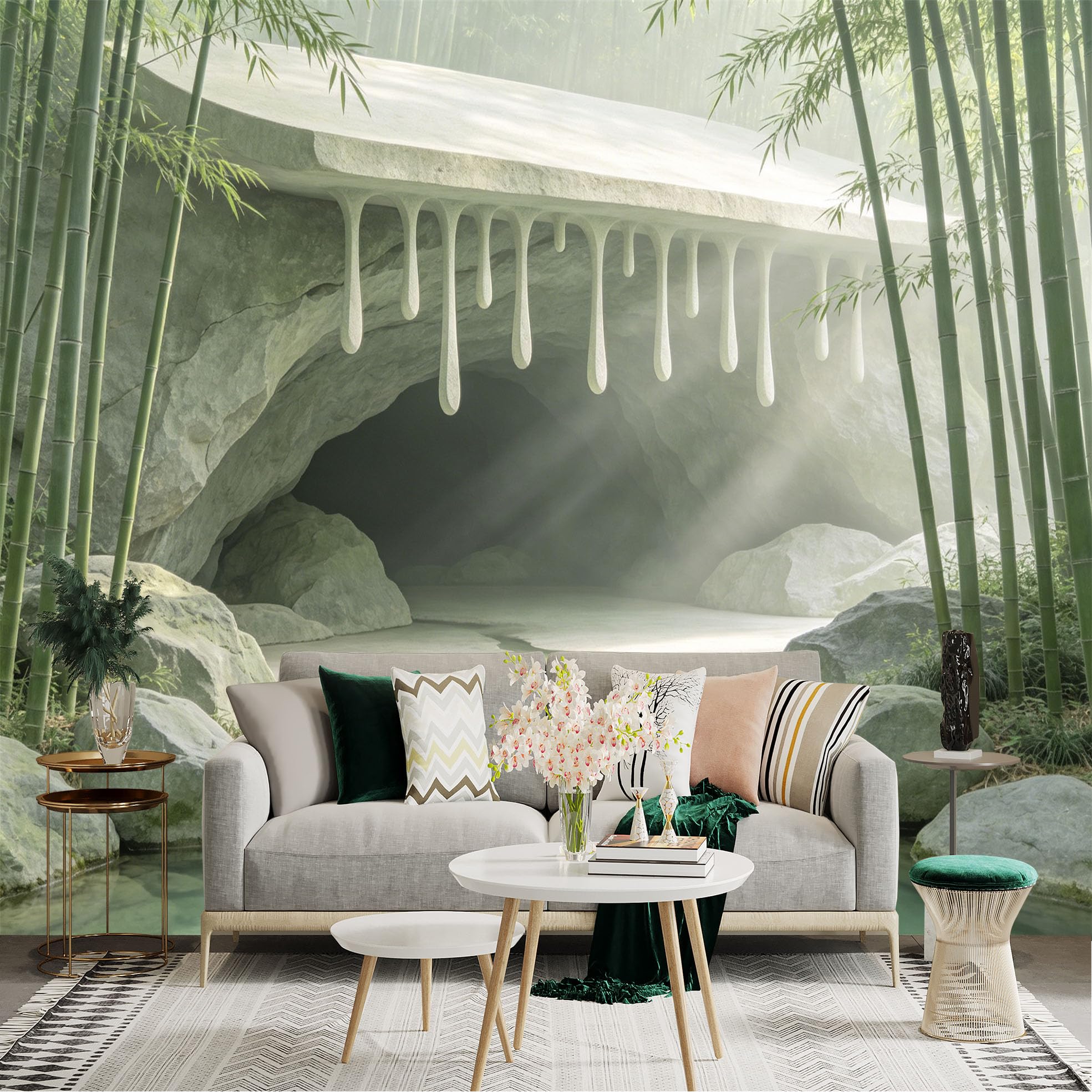 Lnzczhyre Dbh260521725 Custom Size Wall Sticker Mural， Serene Bamboo Forest Cave， Dripping Stone Art， Tranquil River Landscape， Misty Zen Nature Scene， For Wall Decoration， Peelandstick Wall Decals.