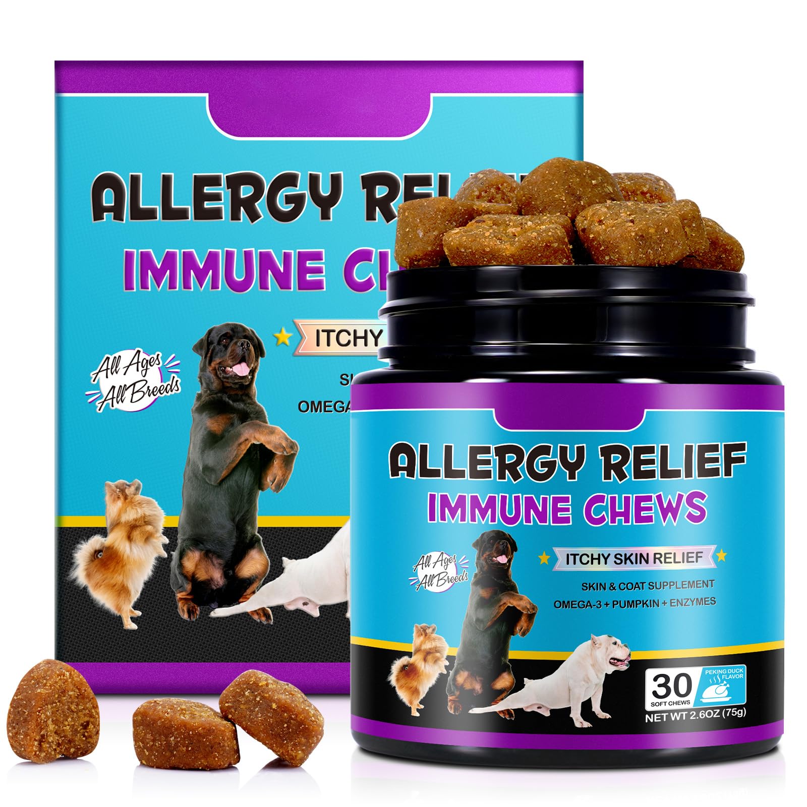Hund Allergie Relief Kaut Juckreiz und Immunität Treats für gesunde Haut-Fell, Anti-Juckreiz gegen Hot Spots, Stoppen Sie Juckreiz,Lecken, Kratzen, Saisonale Allergien, Kratzen von Entenaroma 30Counts