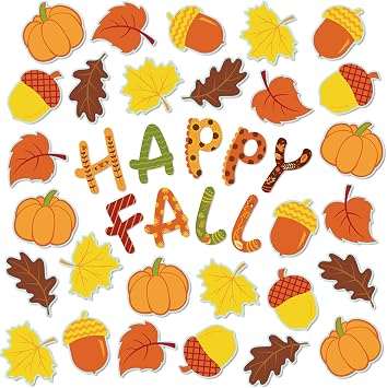 Whaline Happy Fall Cut-Outs Fall Bulletin Board Decorations Thanksgiving Maple Leaves Pumpkin Acorns Cutouts Autumn Harvest Cutouts with 100Pcs Glue Points for School Classroom Wall Decor, 48Pcs