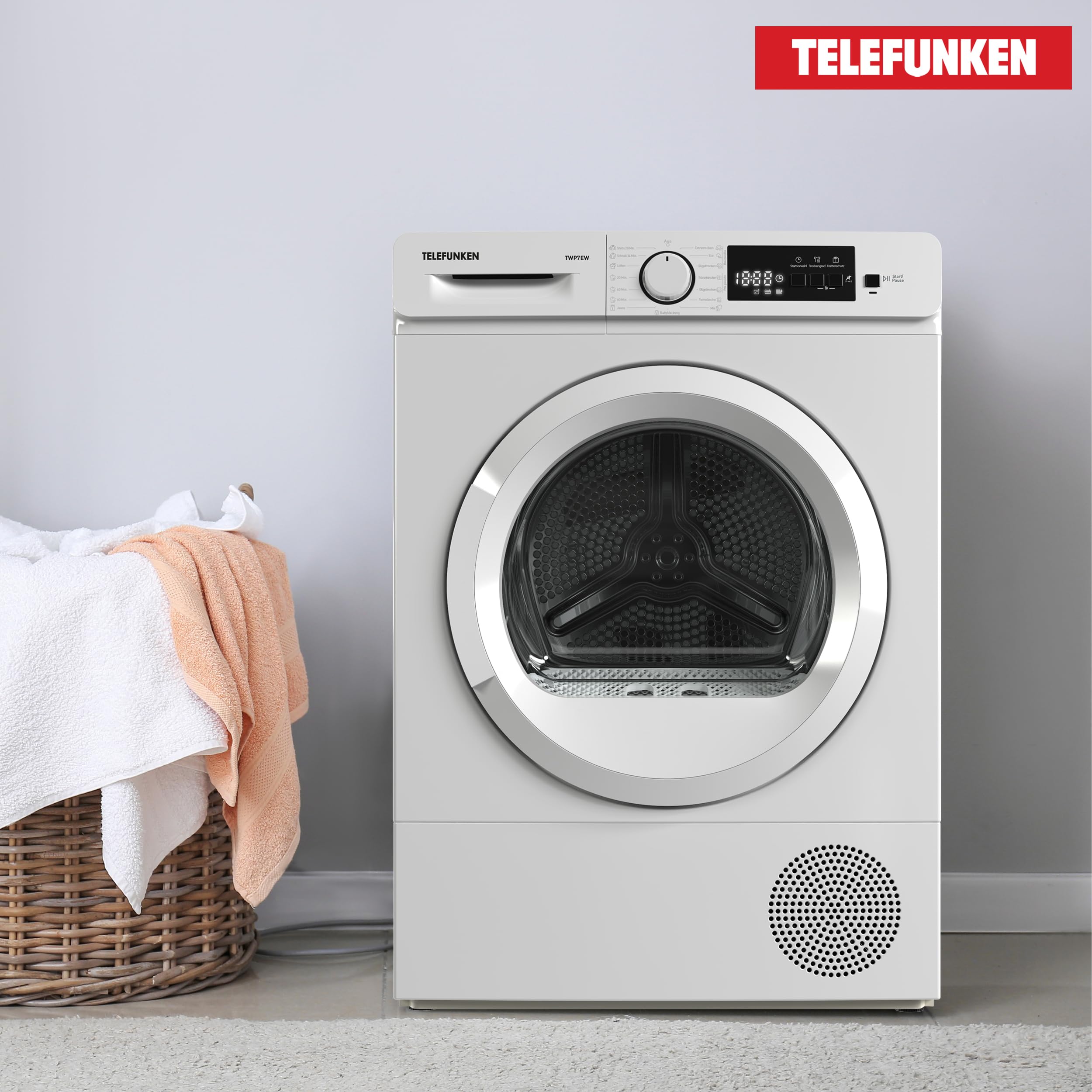 Telefunken Wärmepumpentrockner für 7 kg Wäsche, Trockner Frontlader, Wäschetrockner mit Knitterschutz und Startzeitvorwahl, Energiesparend, leise 64 dB, 15 Programme, Trommelbeleuchtung, TWP7EW