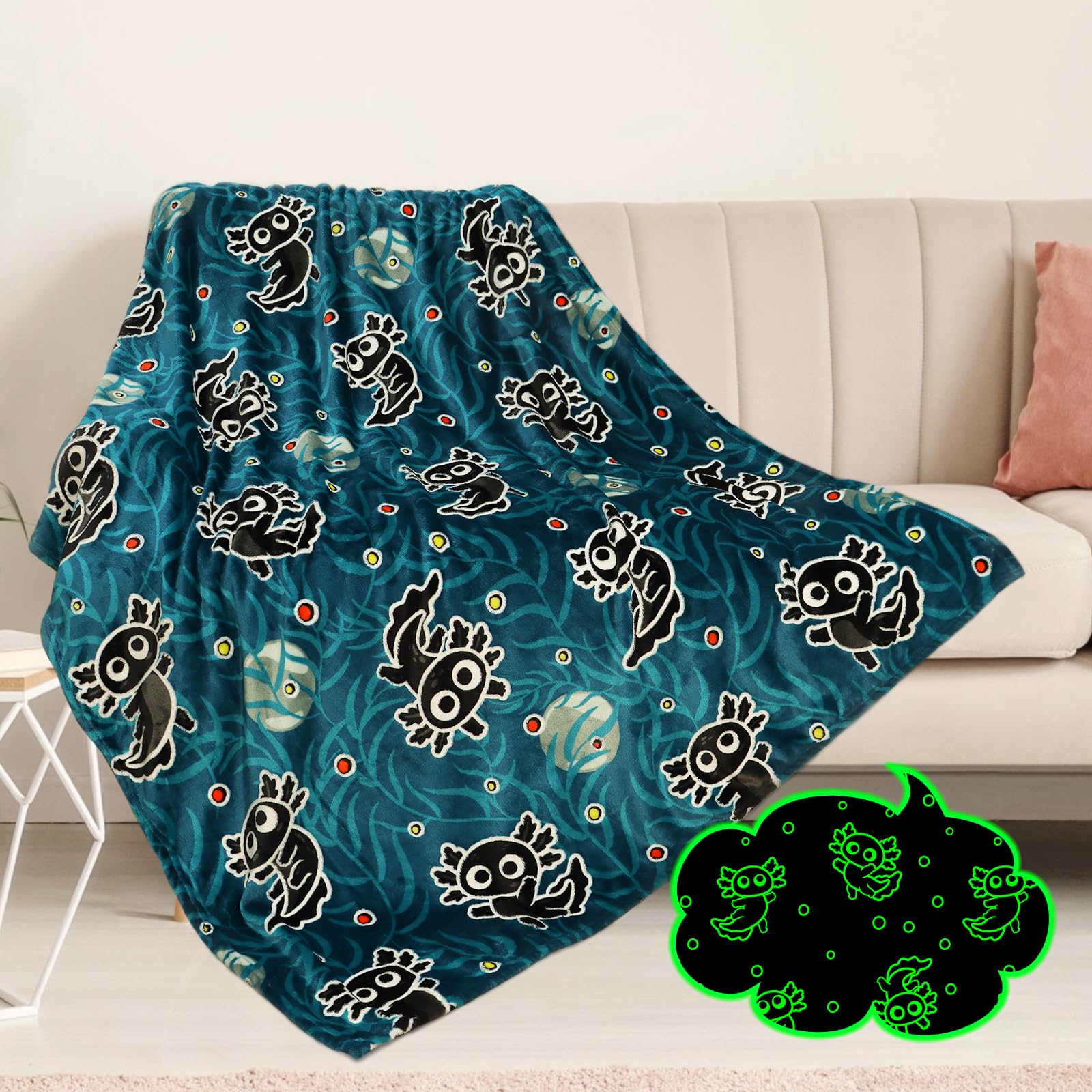 Axolotl Blanket Kids Glow in The Dark Blanket Axolotl Gifts for Teens Girls Boys Cute Animal Salamander Toys Throw Blankets Soft Fleece Bedding