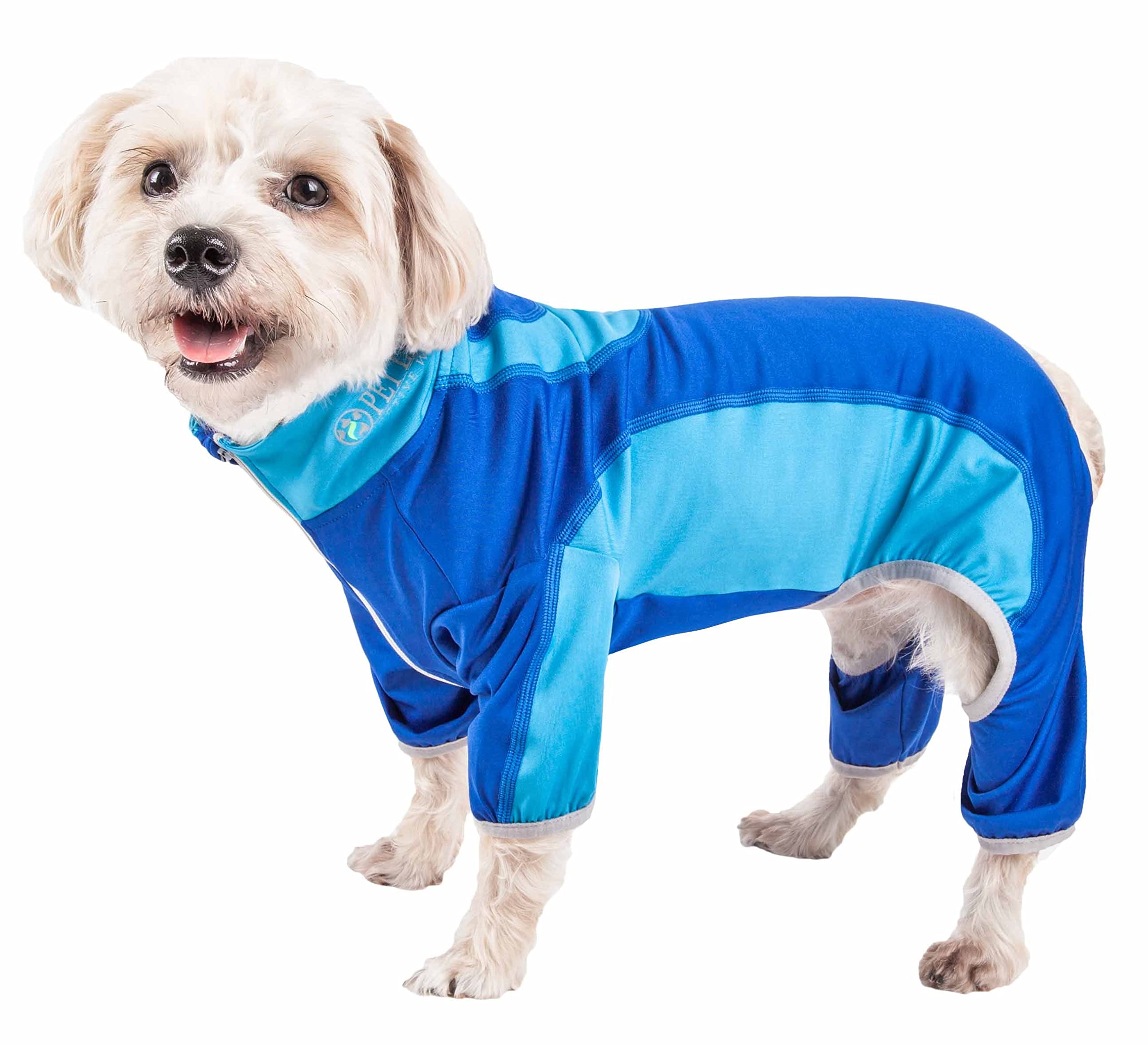 Pet Life ® Active 'Warm-Pup' Heathered Performance 4-Way Stretch Two-Toned Full Body Warm Up, Large, Blue