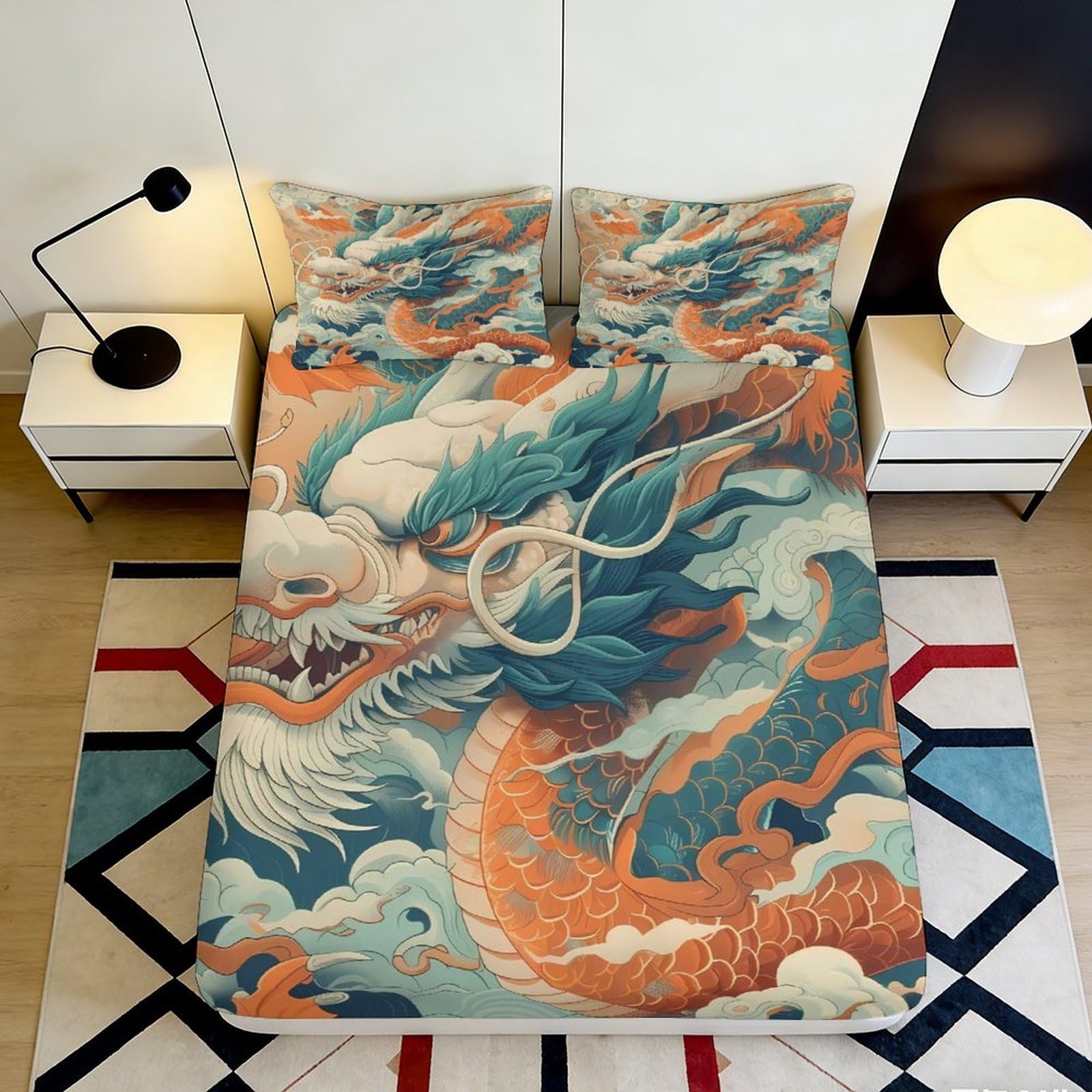 3D Printed Oriental Dragon Fitted Sheet Microfiber Orange Blue Chinese Mythology Mattress Cover for Bedroom Decor 160x200x25cm