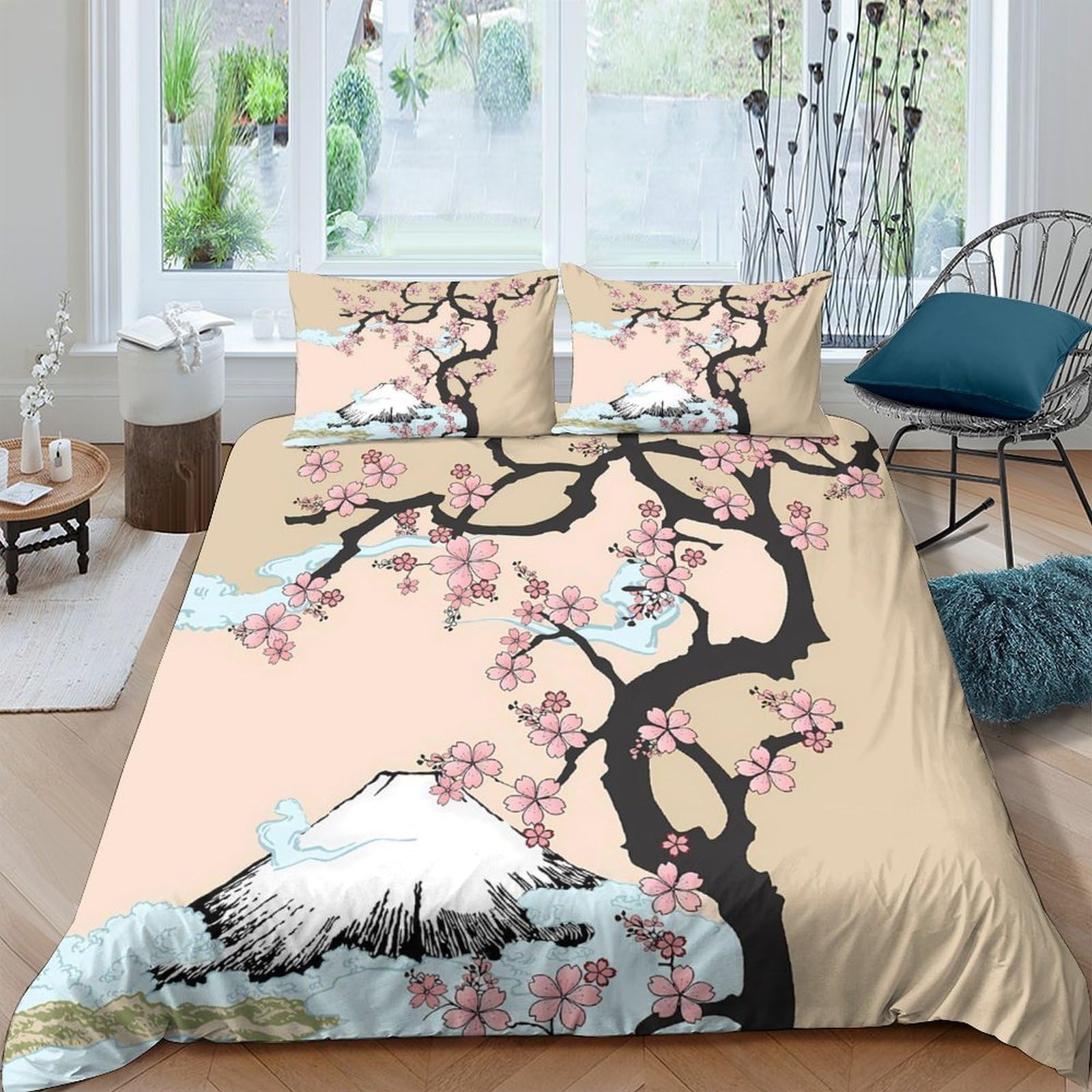 Ctjqhvkz Style-5 3D Printed Sakura Cherry Blossom Fitted Sheet Microfiber Soft Breathable Mount Fuji Mattress Cover Bedroom Decor Single（135X200cm）