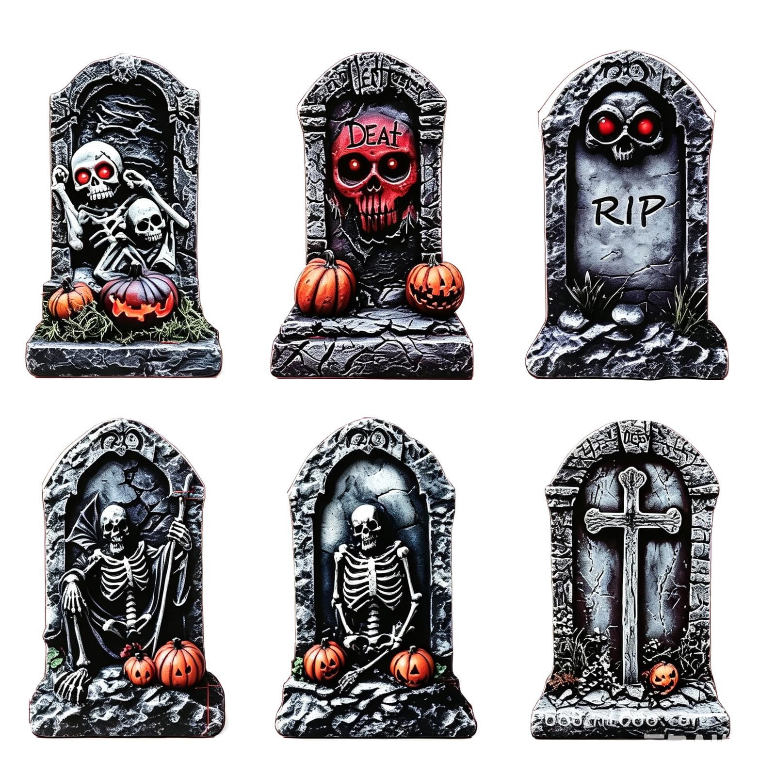 6Pcs Halloween Foam Tombstone Set, Graveyard Yard Decor with Ground Stakes