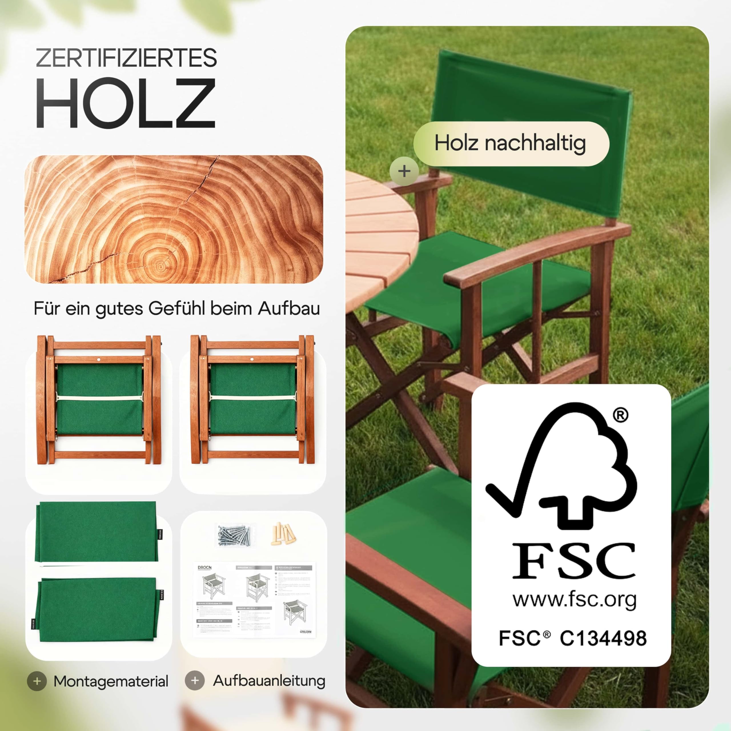 Casaria® Regiestuhl 2er Set aus FSC® Eukalyptusholz - Klappbarer Gartenstuhl mit Armlehnen, waschbarem Bezug & 46 cm Sitzhöhe, bis 160 kg belastbar - Holzstuhl für Balkon, Terrasse & Camping