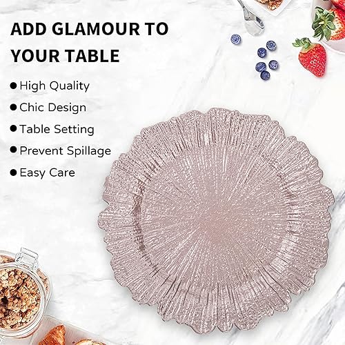 Miniatura 5 de MAONAME Juego de 12 platos cargadores rosas, cargadores de platos de arrecife para plato de cena, platos cargadores de plástico para mesa para boda