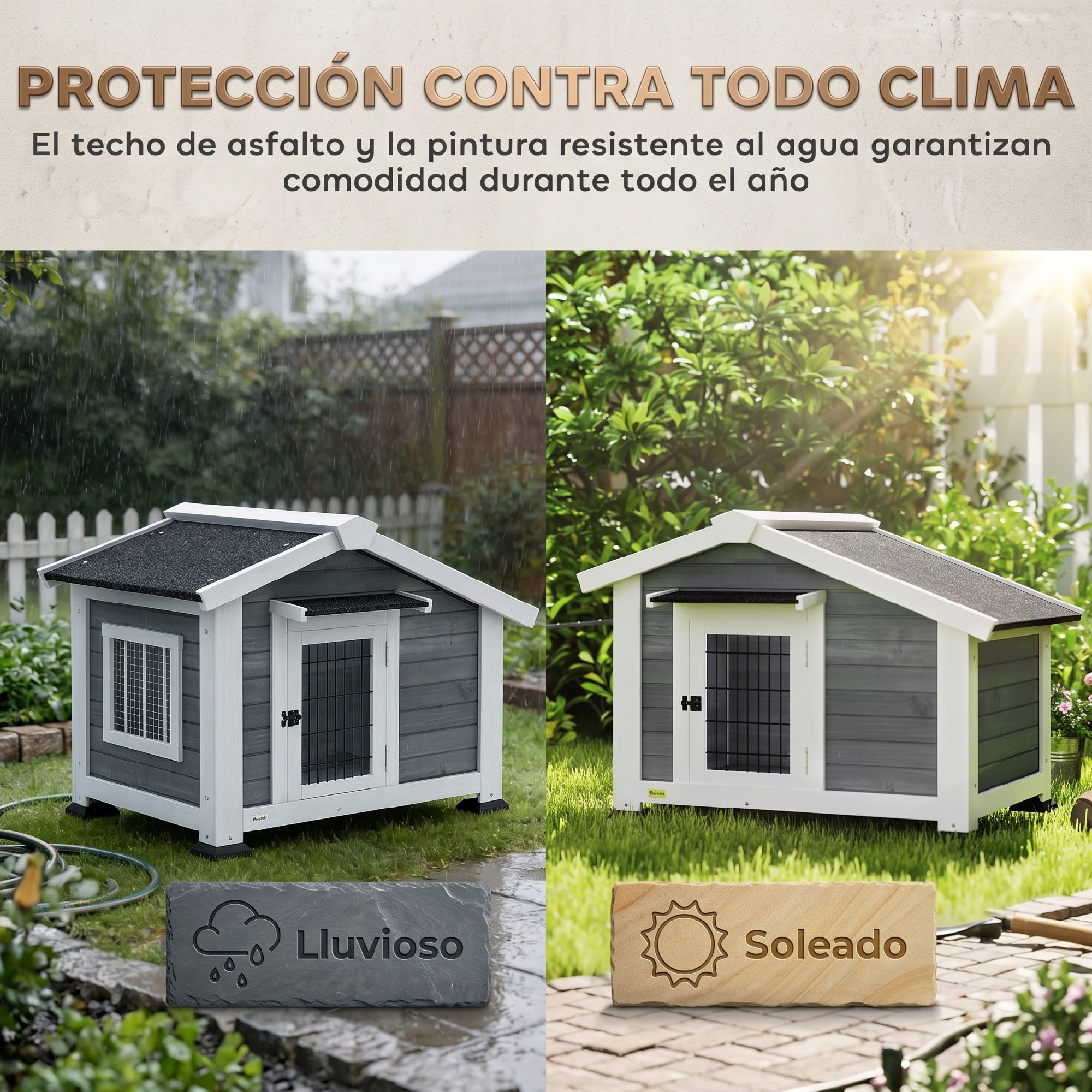 PawHut Caseta para Perros Exterior de Madera con Base Elevada y Suelo Extraíble, Casa para Perros Medianos con Techo Asfáltico, Ventana Abatible y Puerta Ventilada, 98x76x69,5 cm, Gris