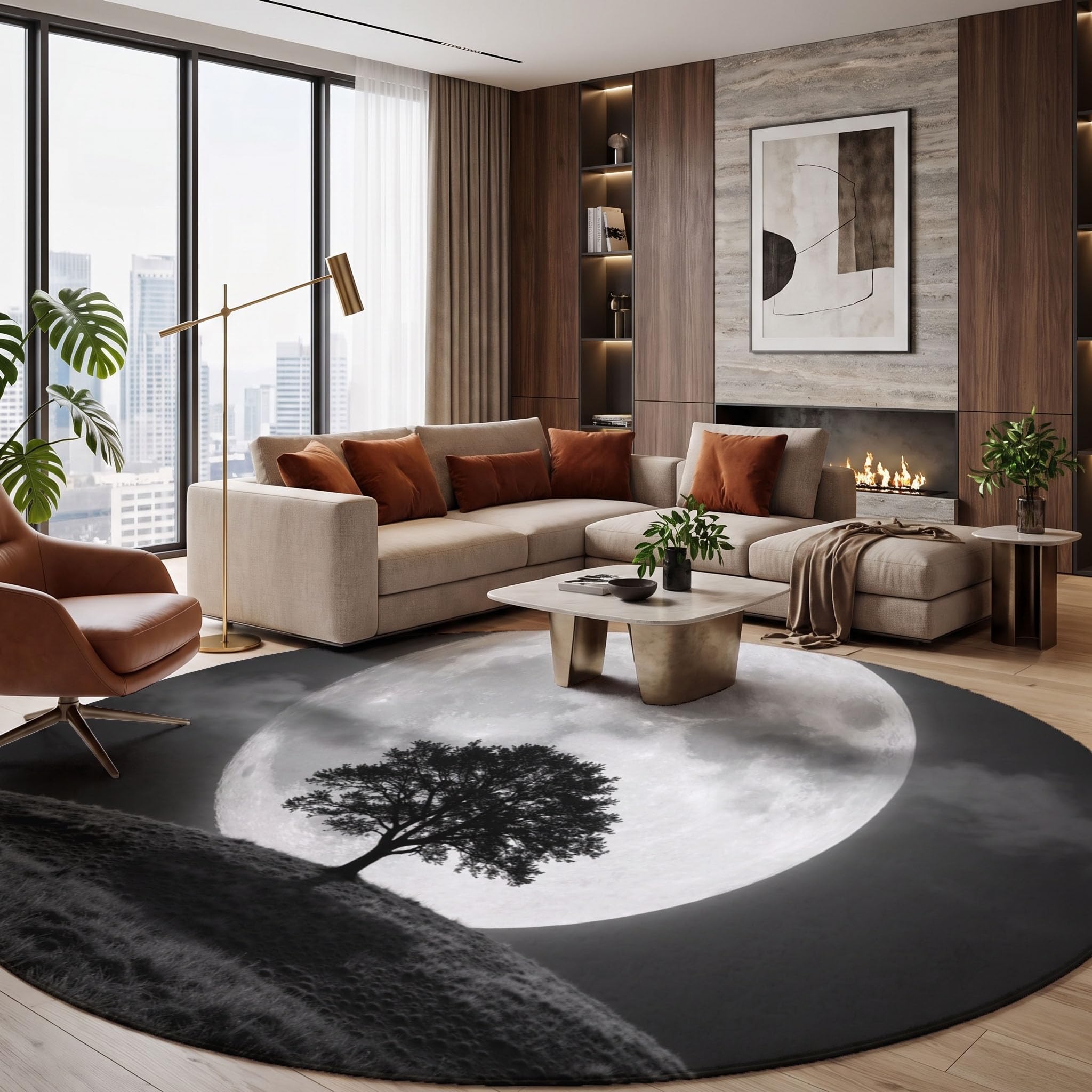 Tapis Rond 160cm Pleine Lune Arbre Solitaire Herbe pour Chambre | Art De Silhouette Rétro Rond Tapis Antidérapant Lavable en Machine Cuisine Salon Adulte Interieur Bureau Cuisine Decoration