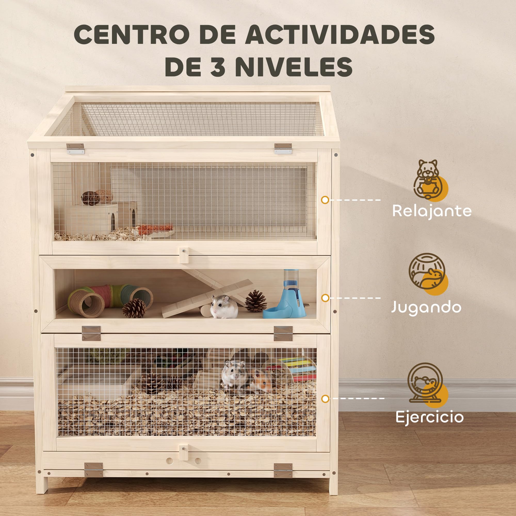 PawHut Jaula para Hámster de Madera de 3 Niveles 68x61,5x90 cm Natural | Casa para Hámster de Madera con Bebederos, Casetas, Balancines, Rampas, Bandeja Extraíble, Tapas Abatibles