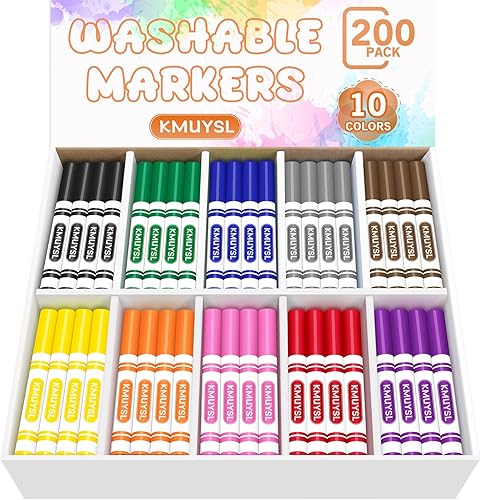 KMUYSL 200 marcadores lavables a granel, 10 colores surtidos, marcadores para colorear de punta cónica de línea ancha para niños, suministros de
