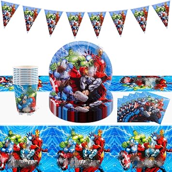 42 Pcs Superhero Party Tableware Set with Tablecloth, Banner, 20 Napkins, 10 Cups, 10 Plates - Avengers Theme for Kids Birthday Party Decorations