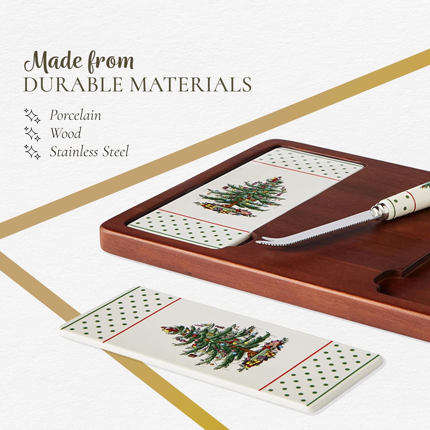 Spode Christmas Tree Cheese Board & Knife Set, Polka Dot - Holiday Entertaining, Charcuterie & Cracker Tray, Seasonal Serveware - Christmas Table Setting & Cheese Presentation