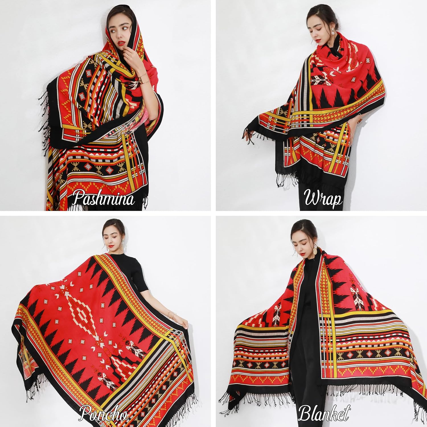 DANA XU 100% Merino Wool Pashmina Shawl for Women 96"x43", Oversized Cashmere Wrap with Tassels, Floral Travel Blanket Cape - Image 5