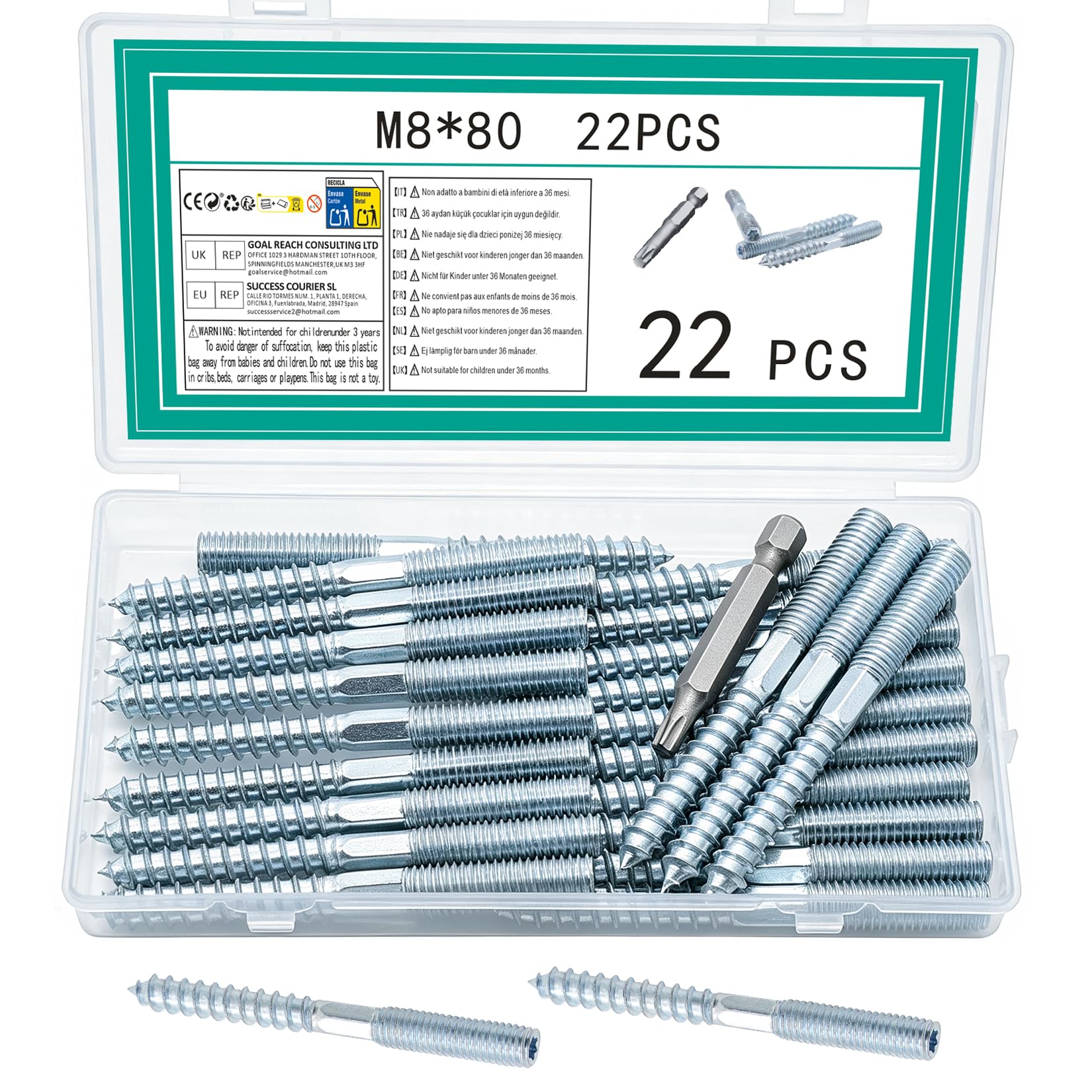 YINKUOSSAA 22 Pcs M8 Torx Hanger Bolts, Double Ended Screws Wood to Woods, Double Ended Threaded Screws, Metal Threaded Lag Wood Screw and Machine Bolts for Woods Joint Furniture Legs (M8x80mm)