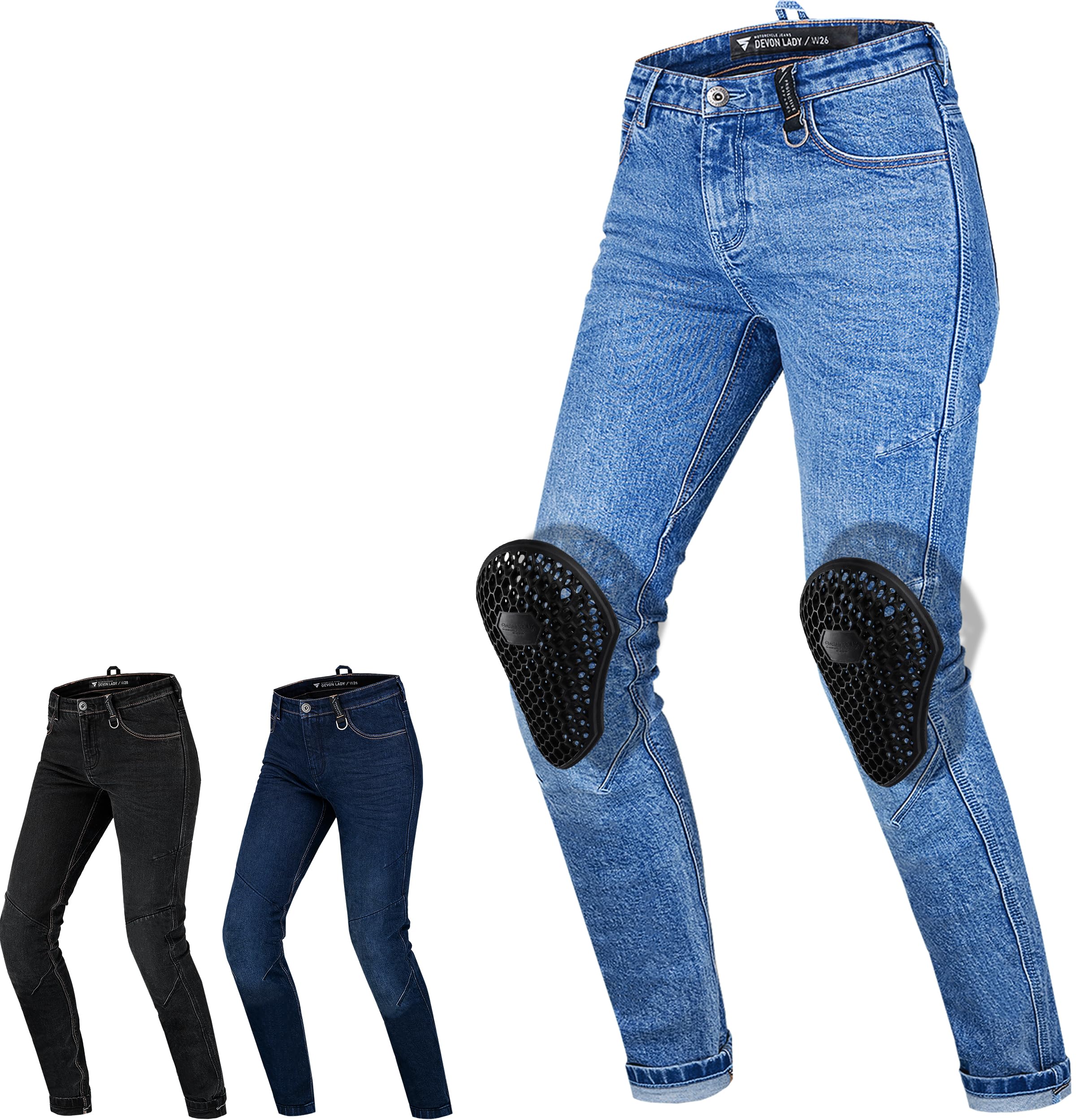 SHIMA DEVON motorjeans - geventileerde elastische slim fit biker motorbroek met FiberQL verstevigingen, CE knie- en heupbeschermers, dames, zwart, 30W / 34L