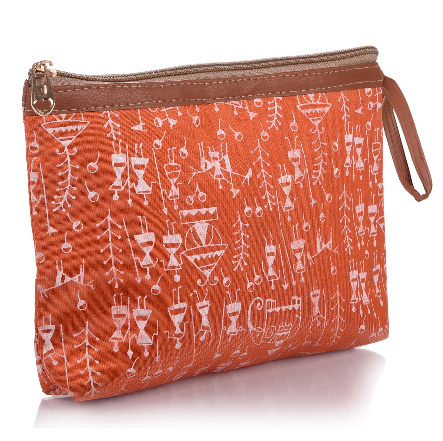 Kuber Industries Toiletry Pouch|Warli Print Travel Cosmetic Pouch|Canvas Waterproof Makeup Pouch with Handle (Orange)-image-5