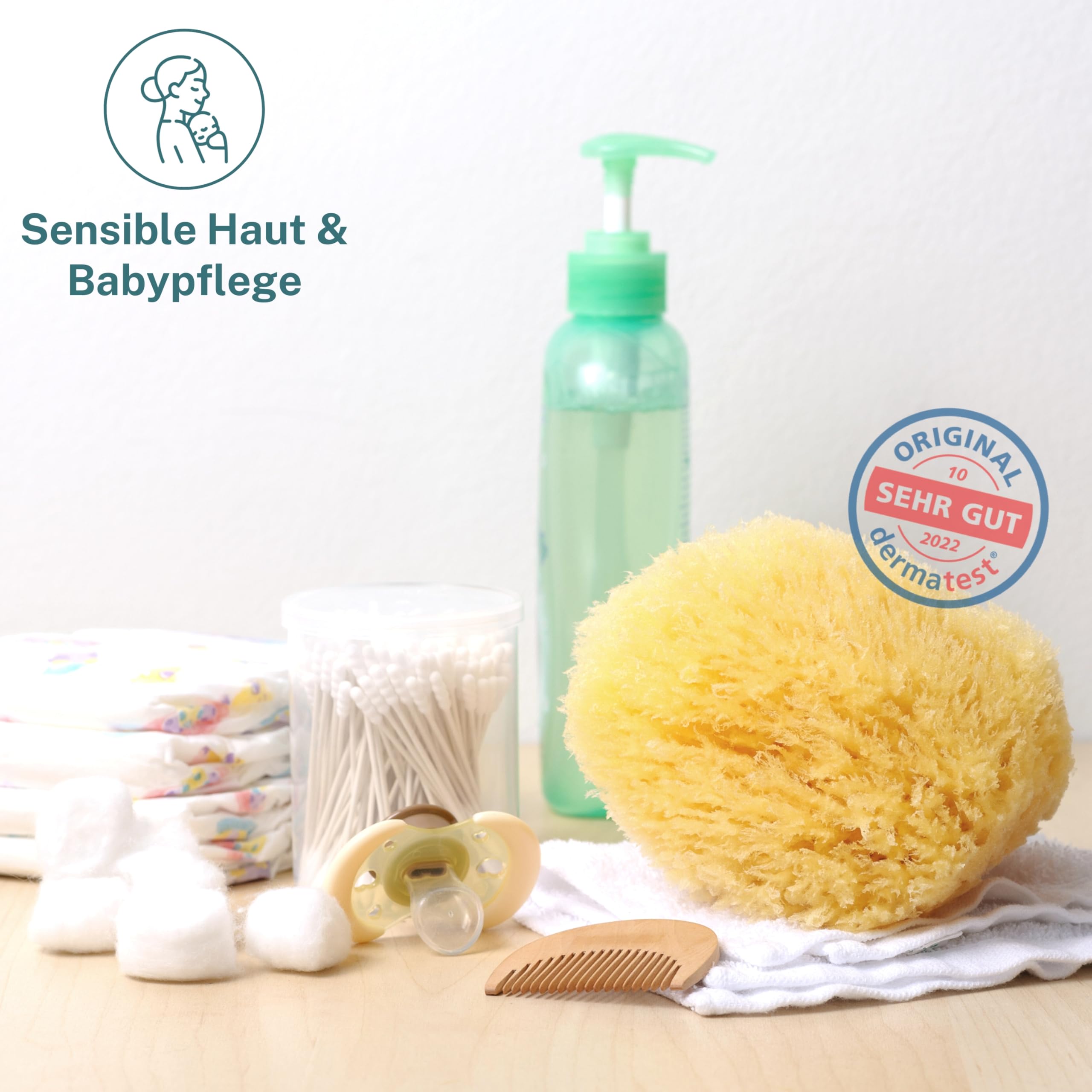 tom&pat® Naturschwamm Grass • für extra viel Schaum • Badeschwamm oder Duschschwamm • Dermatest sehr gut • für sensible Haut & Babys • Premium-Qualität Griechenland (17-18 cm)