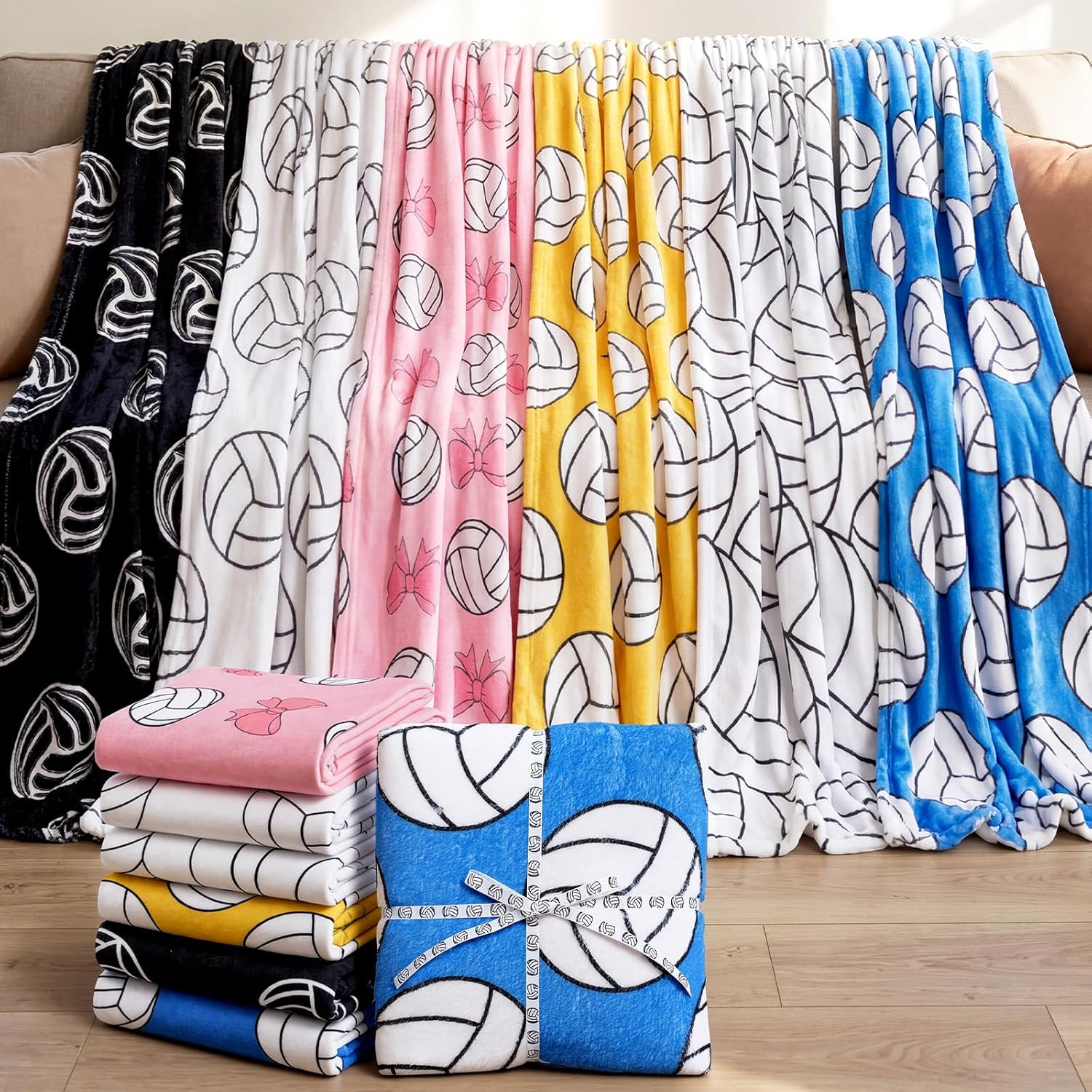 6 Pcs Volleyball Throw Blanket Gifts 40 x 60 Inch Cozy Plush Fleece Sports Blanket Bedding for Team Players Sport Lover Bed Sofa Couch Cushion Home Decor