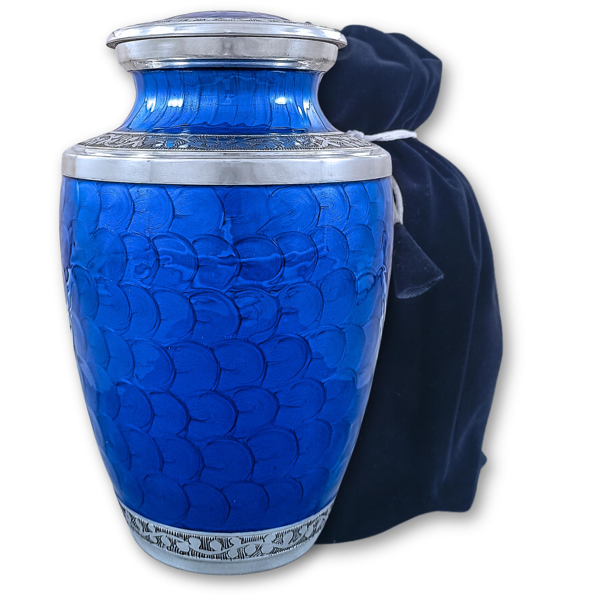 Vimpace Blue Memorial Urn for Human Ashes – Large Aluminum Cremation Urn for Adults, 10” Tall, Secure Closure, Includes Velvet Bag