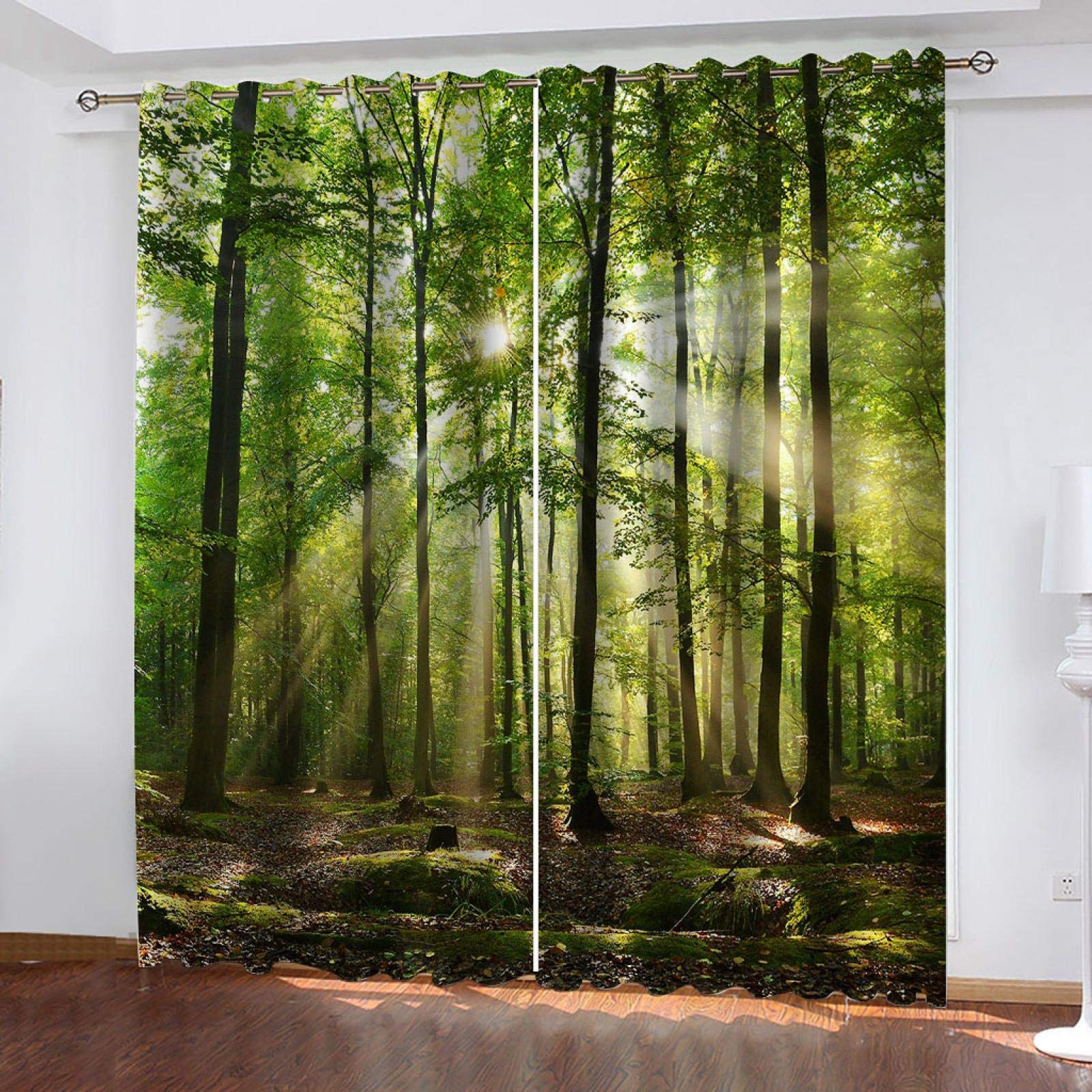 Vorhang Blickdicht Wohnzimmer - Gardinen Blickdicht 3D Sonniger Grüner Wald Muster Vorhänge Thermo Schlafzimmer Dekoschals Gardine Blickdichter Ösenvorhang, 2Er Set H 160 X B 100 cm