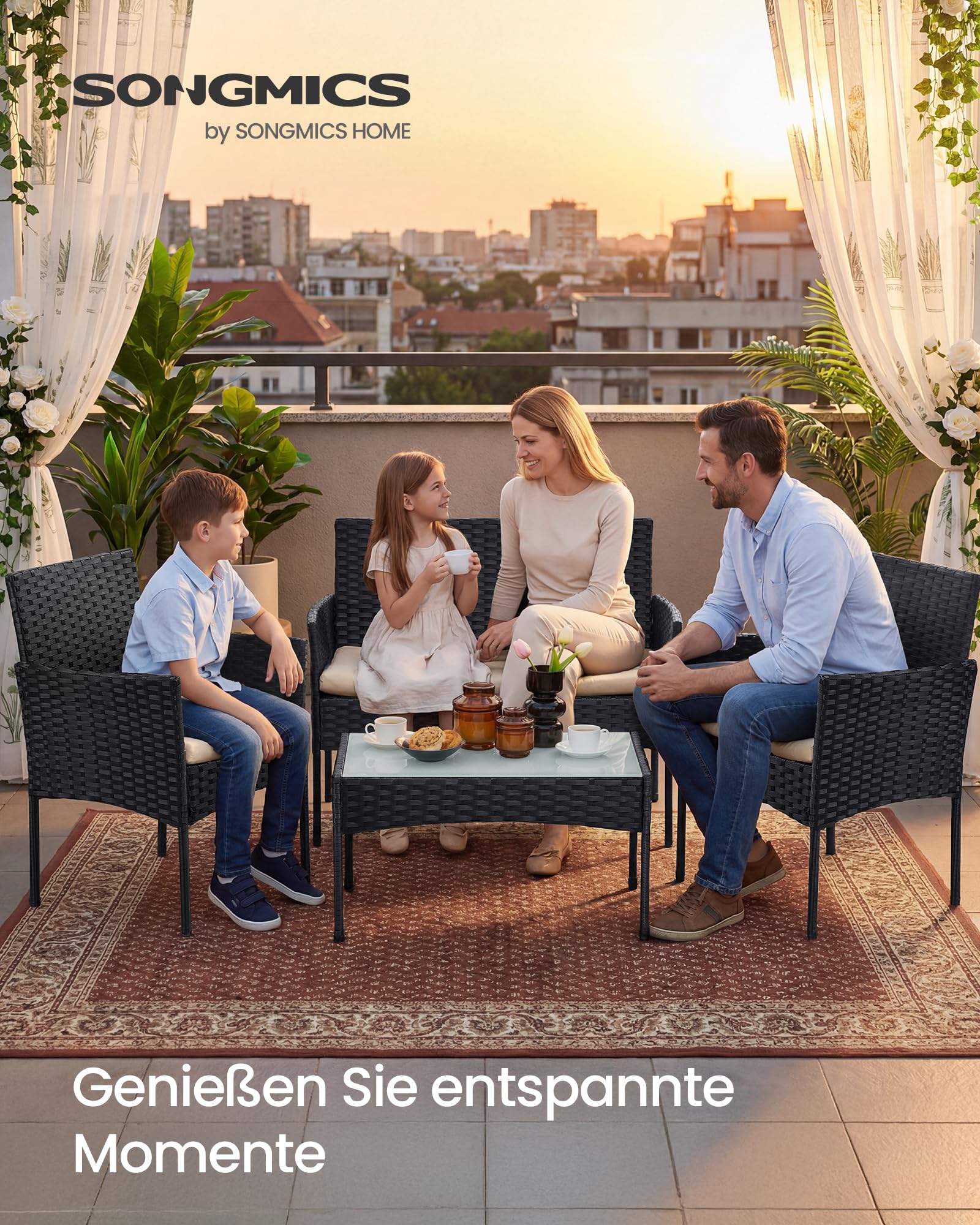 SONGMICS Balkonmöbel, Gartenmöbel-Set, aus PE-Polyrattan, Lounge-Set, Terrassenmöbel, Outdoor, für Terrasse, Balkon, Garten, schwarz-Taupe GGF004B05