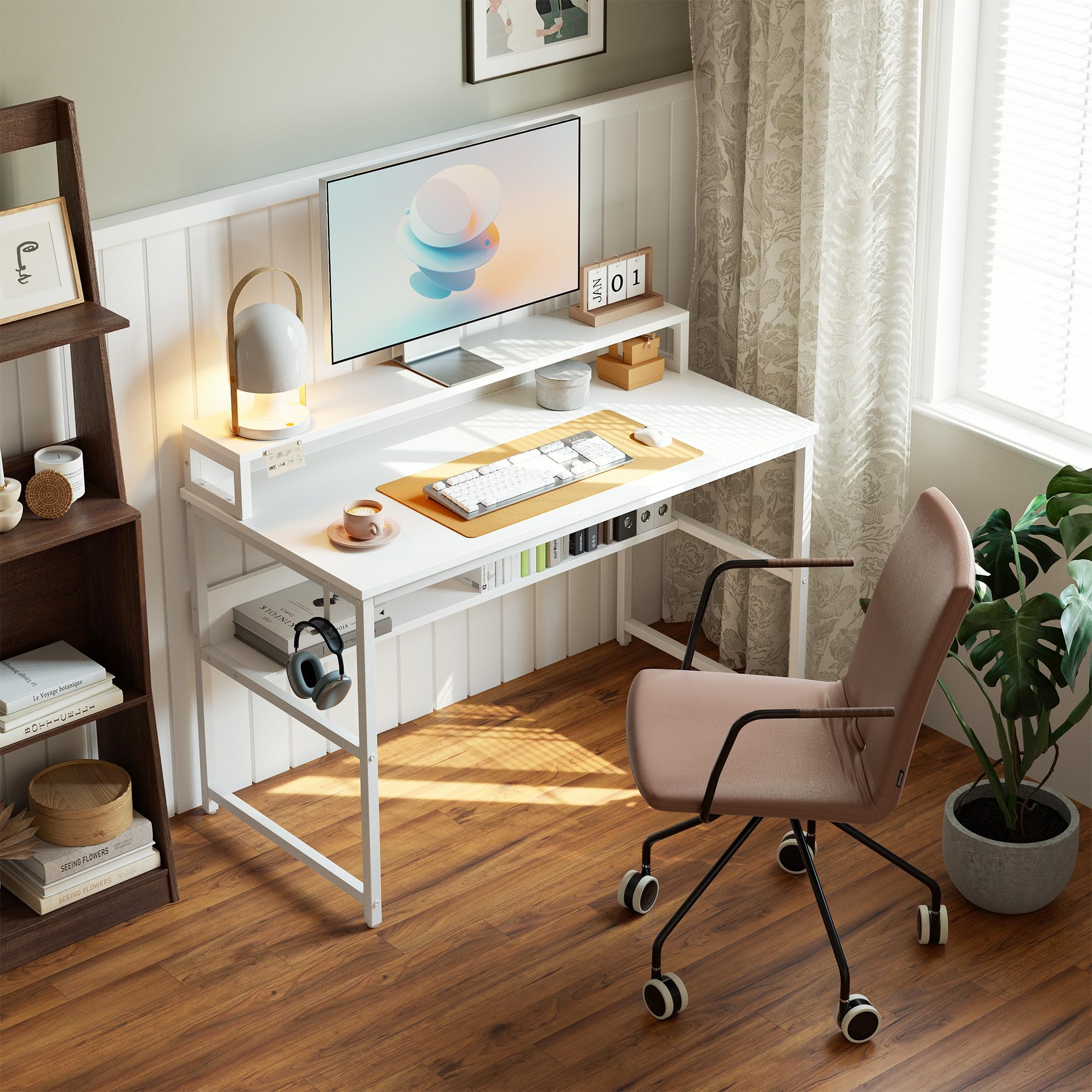 (similar)Cubiker 47 Inch Computer Desk with Storage, Home Office Desk with Monitor Stand and Storage Shelves, Modern Study Writing Desk, White