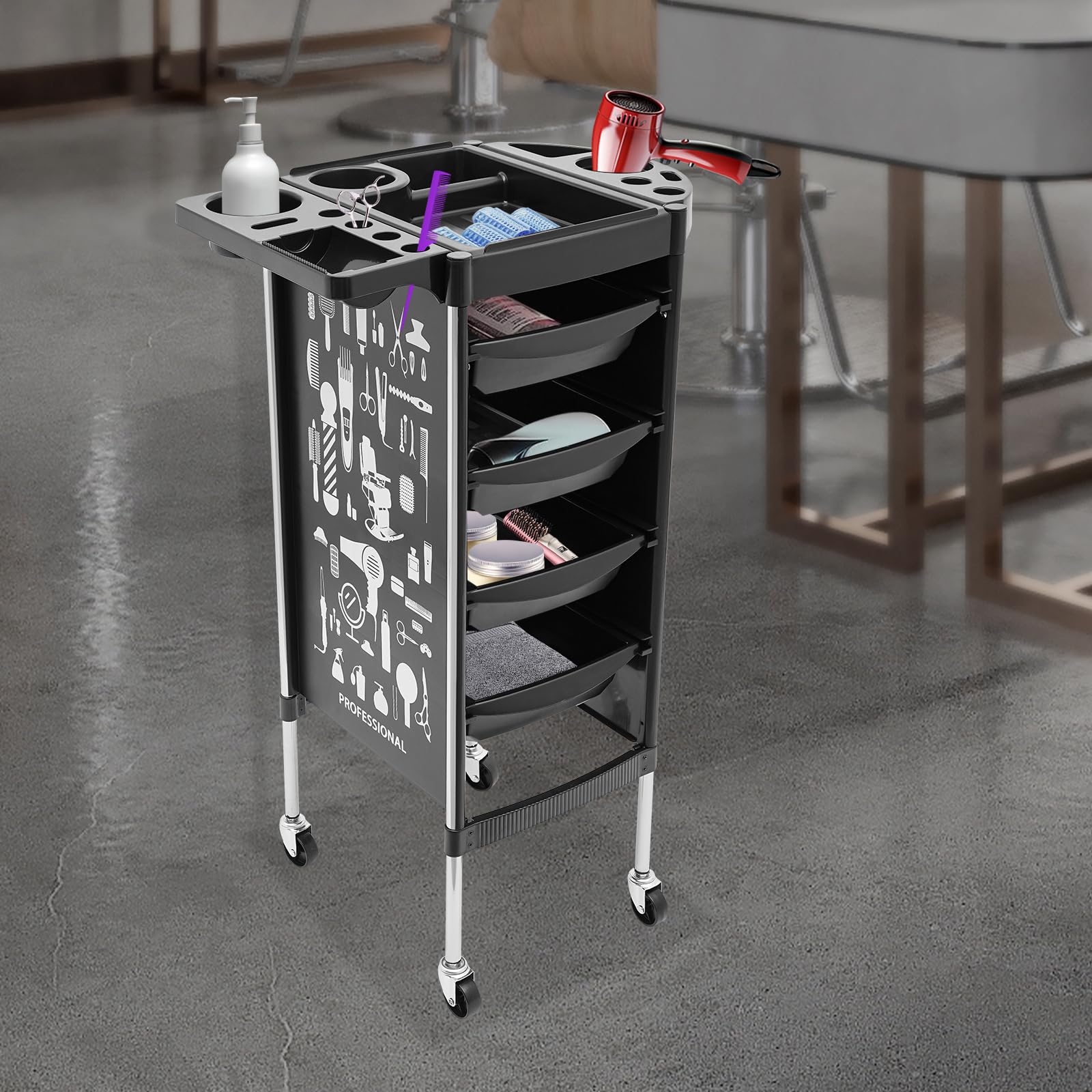 Carrito de peluquería de 5 niveles con 4 cajones, carrito de peluquería con 4 ruedas silenciosas, carrito de trabajo para salón de belleza, SPA, peluquería (negro)