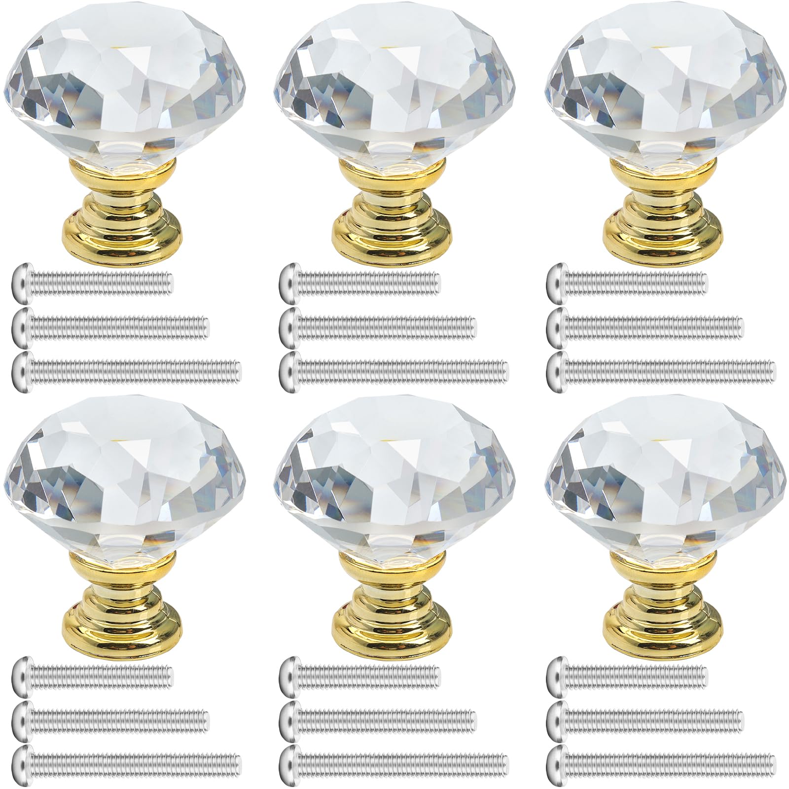 LHNNDM 6-Piece Set of 30mm Crystal Glass Cabinet Door Knobs, Diamond Clear Pulls with Screws (Clear Diamond + Chrome-Plated Base) Suitable for Kitchen cabinets, wardrobes (Gold)