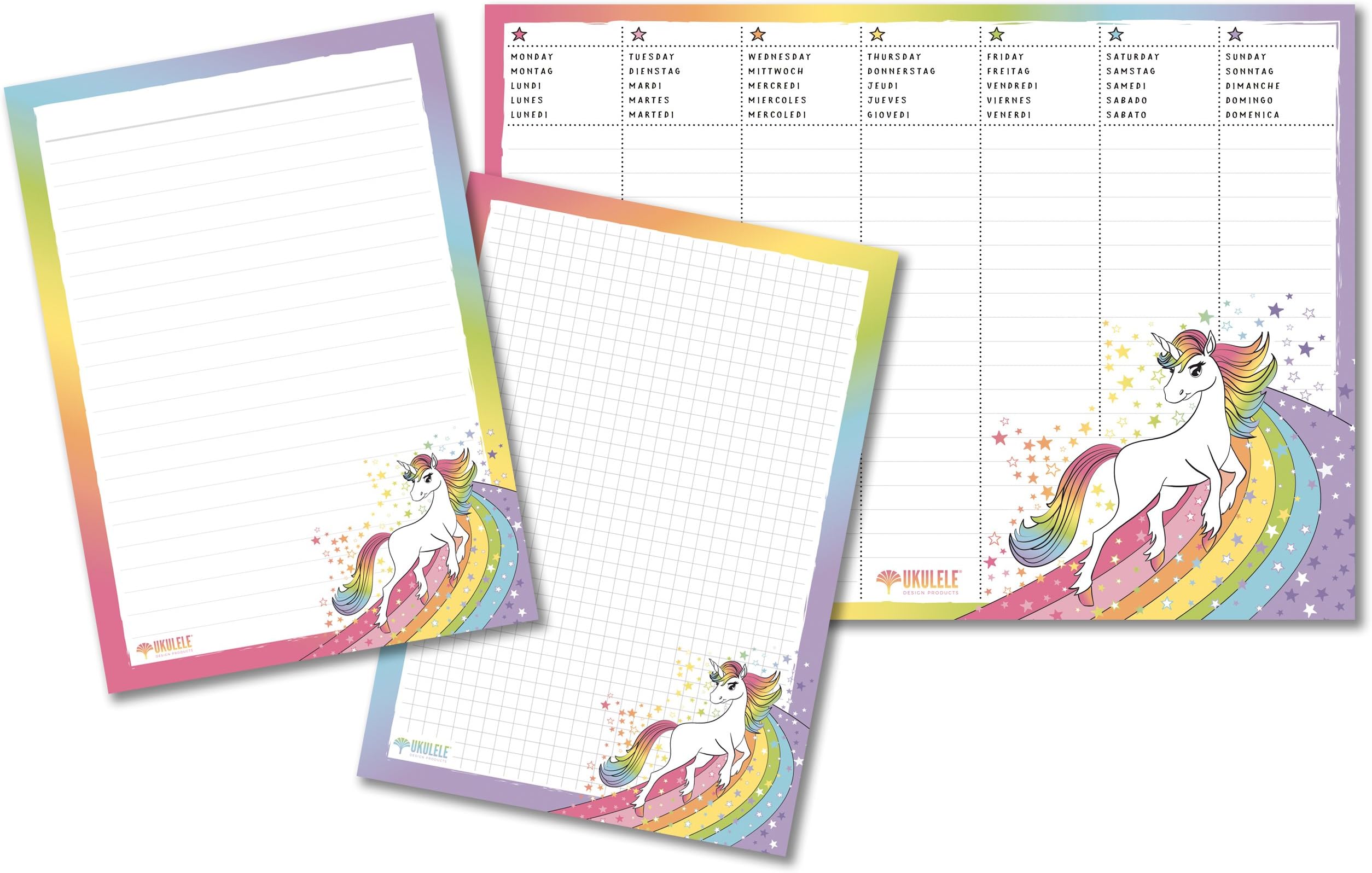 Ukulele Unicorn Planner Blocks Set of 3: 1X Plain A4 | 1x Notebook A5 Ruled Weekly Planner 1x Notebook DIN A5 Squared Each 50 Tear-Off Sheets for Children's, Girls and Adults