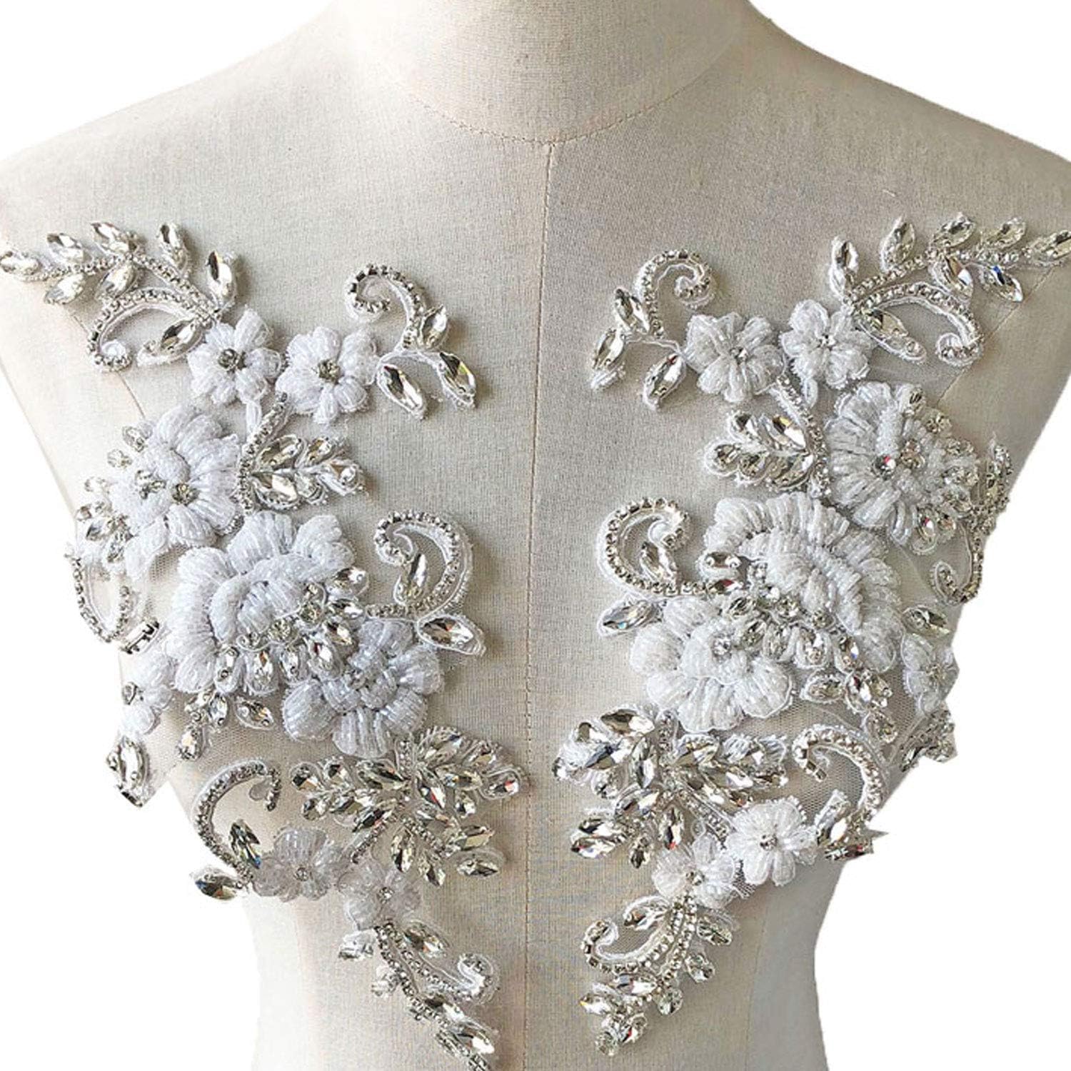 Sparkling Rhinestone Applique Mirror Pair Beaded Crystal Embroidery Floral Patch Bling Accent for Wedding Dress Evening Gown Silver Color