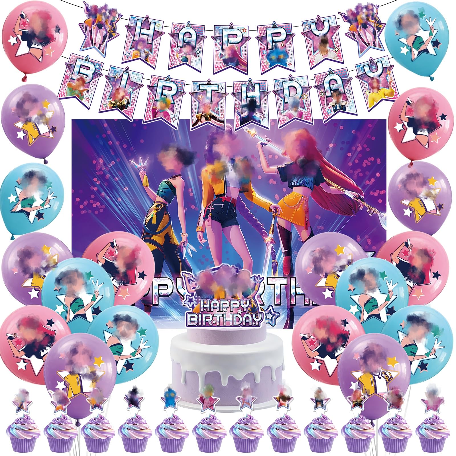 Girls Birthday Party Decorations Set, Anime K Pop Birthday Party Supplies for Womens Includes Balloons Banner Cake Toppers Cupcake Toppers Backdrop Decoration Dem0n Hun-ters Birthday