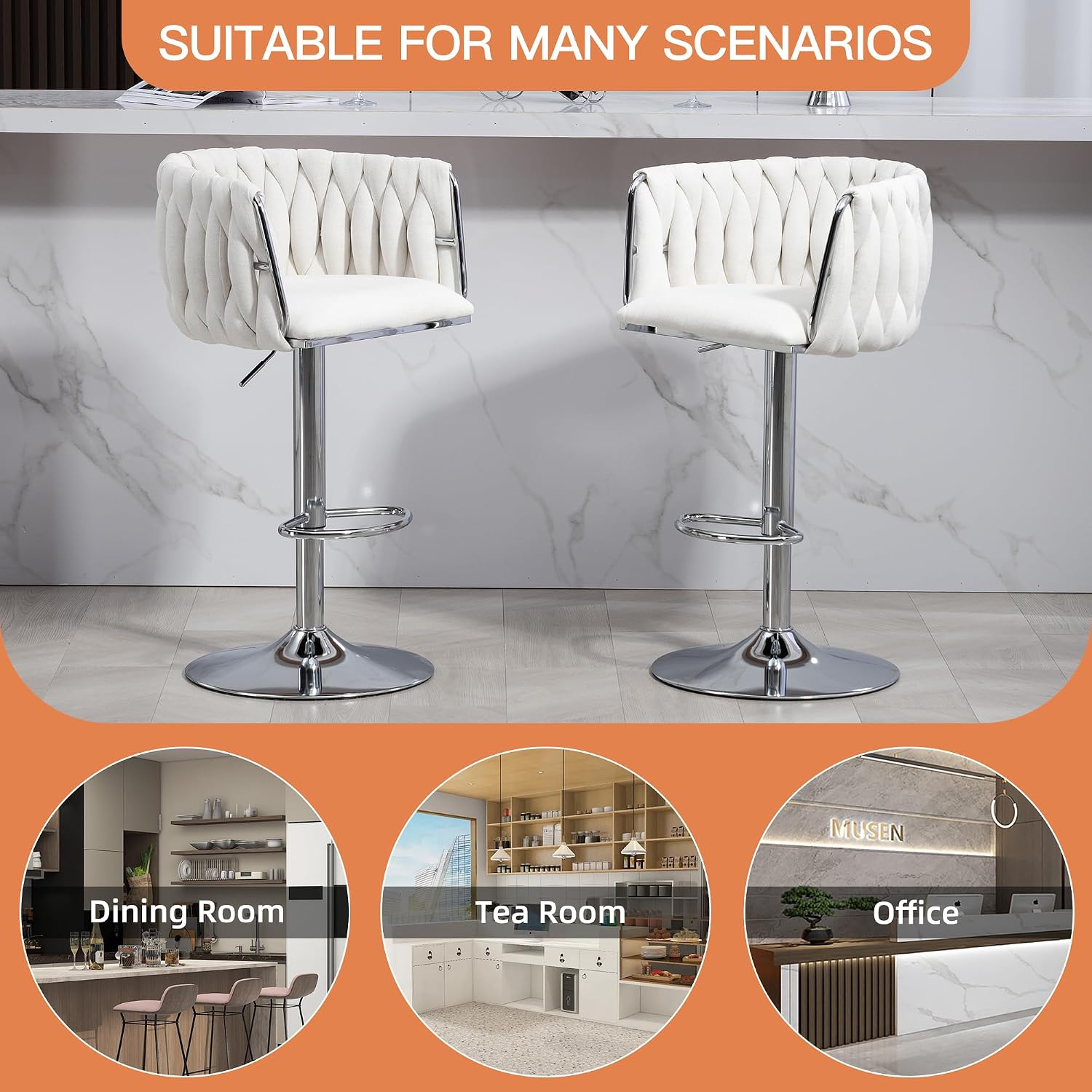 Swivel Bar Stools Set of 2, Modern Swivel Bar Chairs, Counter Height Swivel Barstools with Woven Back & Footrest, Adjustable Height Barstools for Dining Room, Kitchen Island, Cafe, Pub, Beige