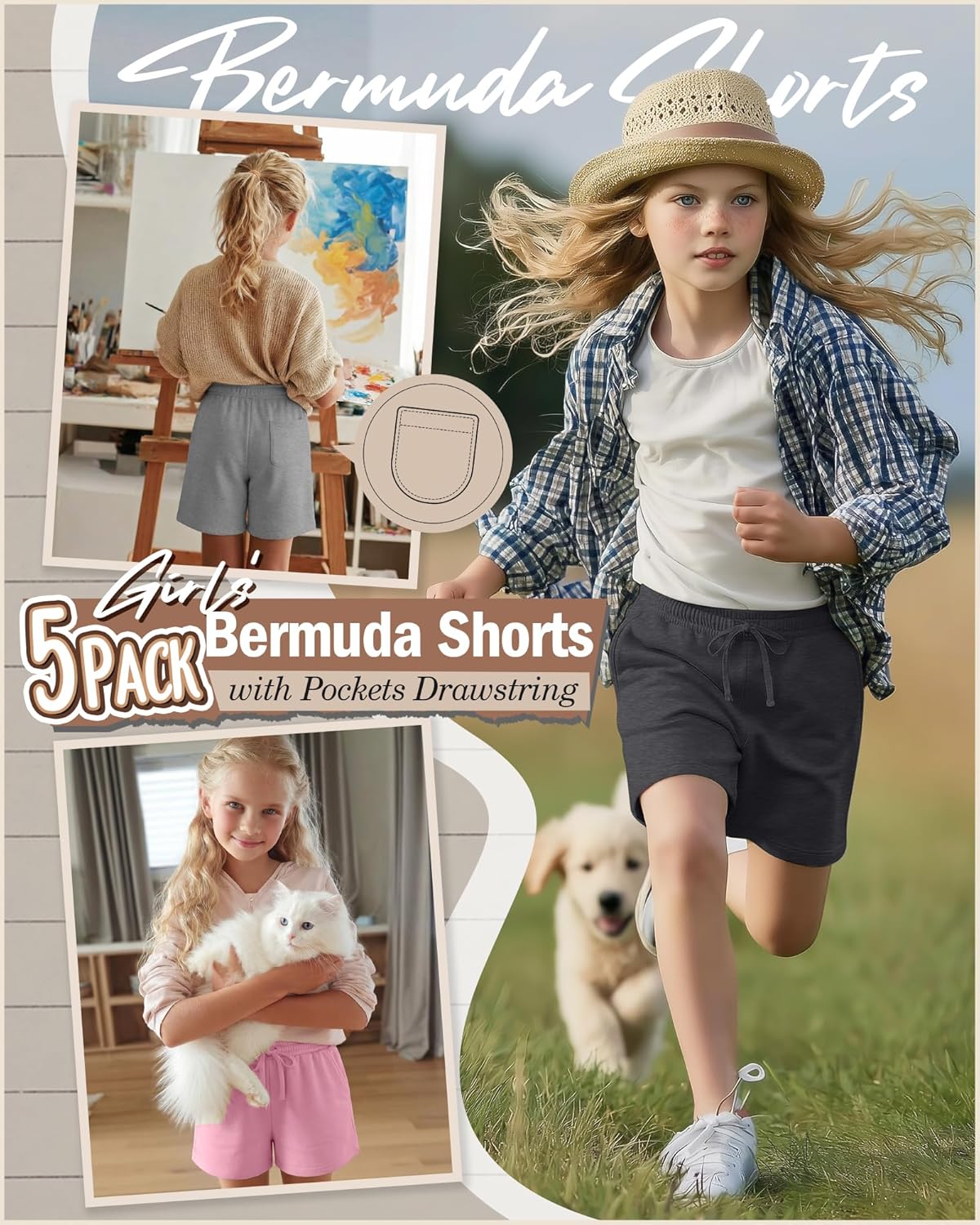 5 Pack Girls' Bermuda Shorts with Pockets Drawstring Running Athletic Shorts Casual Summer Active Kids Clothes - Image 3